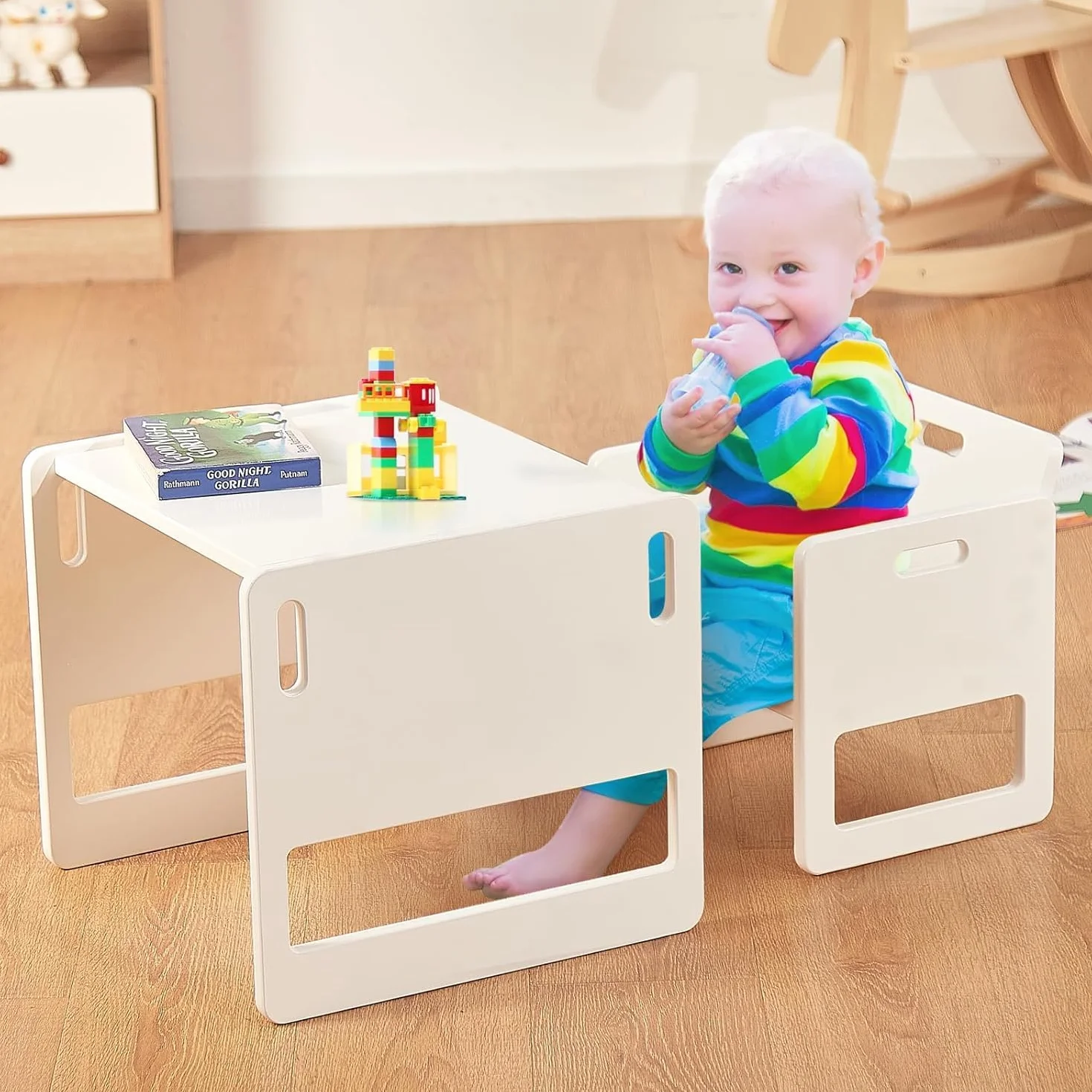 FUNLIO Montessori zestaw krzeseł dla małych dzieci w wieku 1-3 lat, z regulacją wysokości, stół i krzesło dla dzieci do czytania, jedzenia/zabawy, łatwy montaż - biały