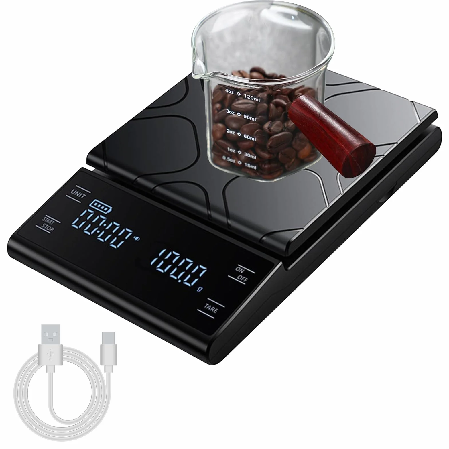 Cyfrowa waga do kawy z timerem, 0,1 g/5 kg, bardzo precyzyjna waga kuchenna z wyświetlaczem LED, funkcją tary, przyciskiem czujnika dotykowego, możliwość ponownego ładowania, czarna