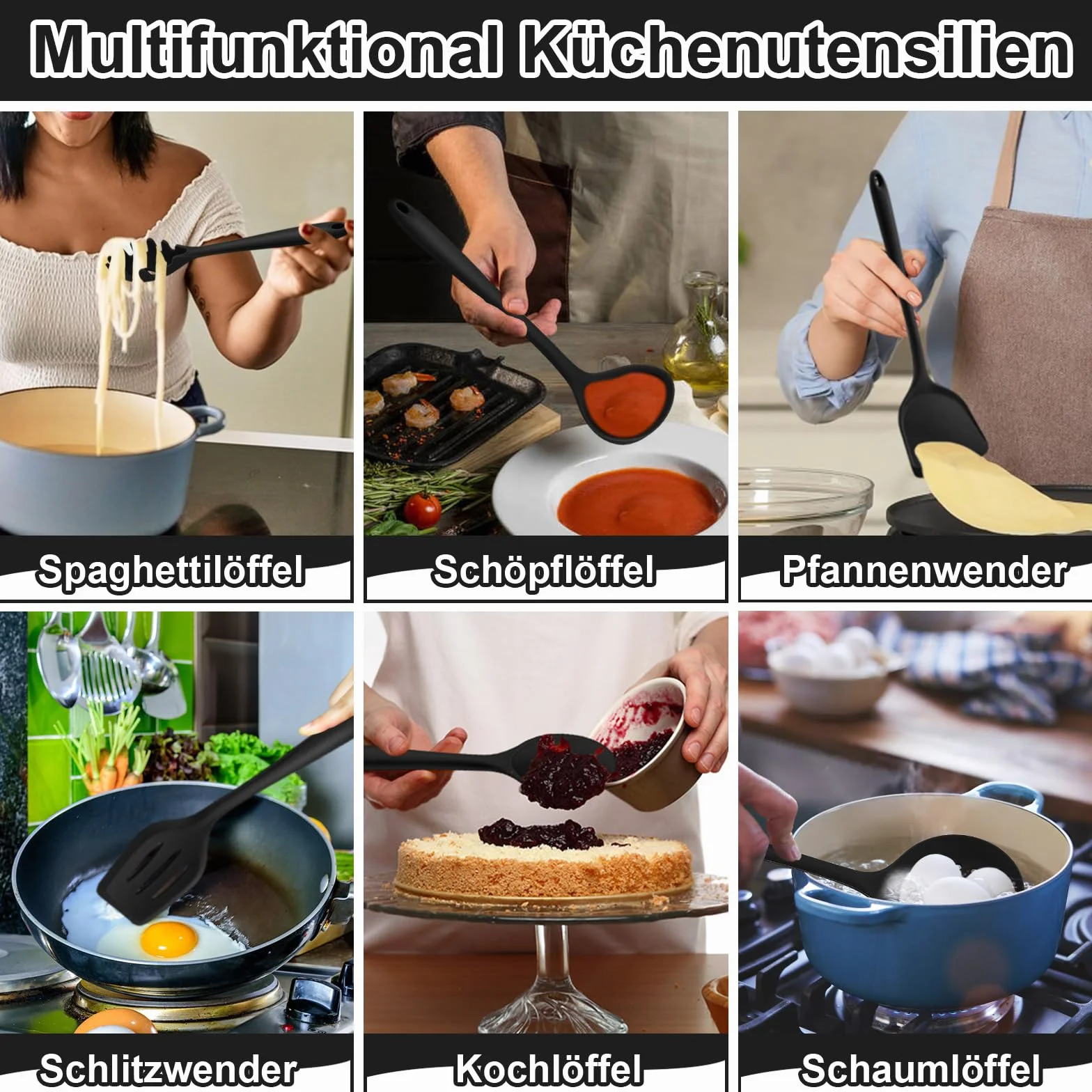Zestaw silikonowych narzędzi kuchennych Homikit, 16 sztuk w kolorze czarnym, odporny na wysokie temperatury zestaw do gotowania z uchwytem na przybory, bezpieczny dla zdrowia i nieprzywierający