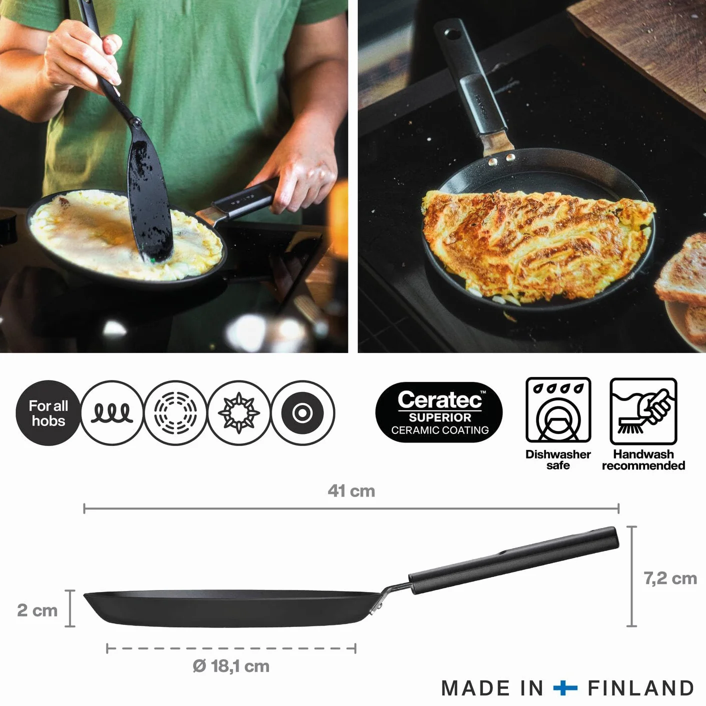 Fiskars Patelnia do omletów, twarda powierzchnia, średnica 22 cm, odpowiednia do wszystkich płyt grzewczych, powłoka nieprzywierająca, odporna na zarysowania, aluminium/plastik, czarna, 1075522