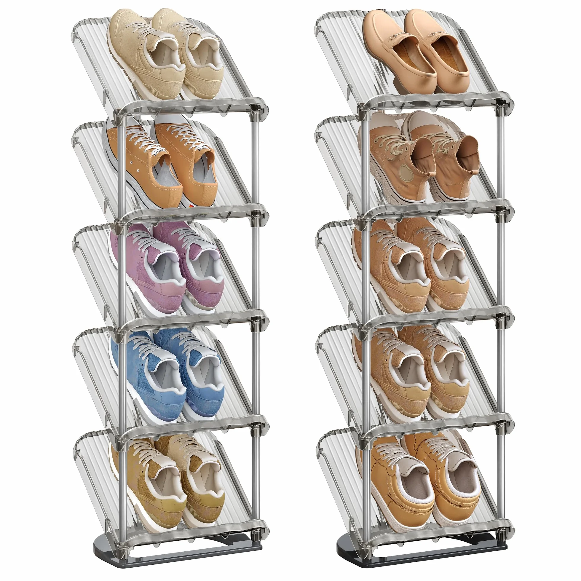 SONGMICS Półka na buty 5 poziomów zestaw 2 szt. skośna organizer plastik 24,5x28,4x102,5 cm szary