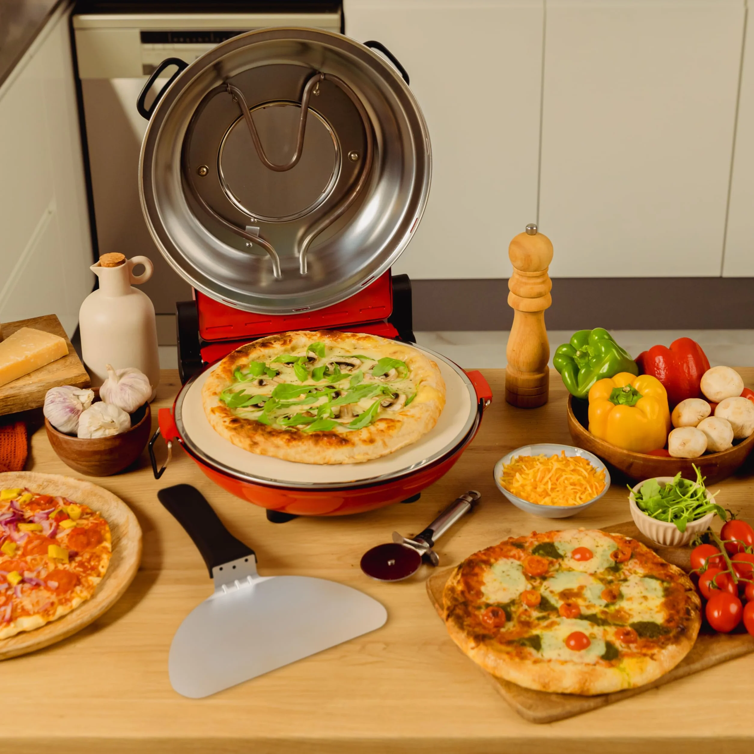 Cecotec Elektryczny piec do pizzy Fun Pizza&Co Mamma Mía Window+. 1200 W, gotowanie do 400ºC, regulowany termostat, równomierne gotowanie, kamienne płyty, wskaźnik świetlny