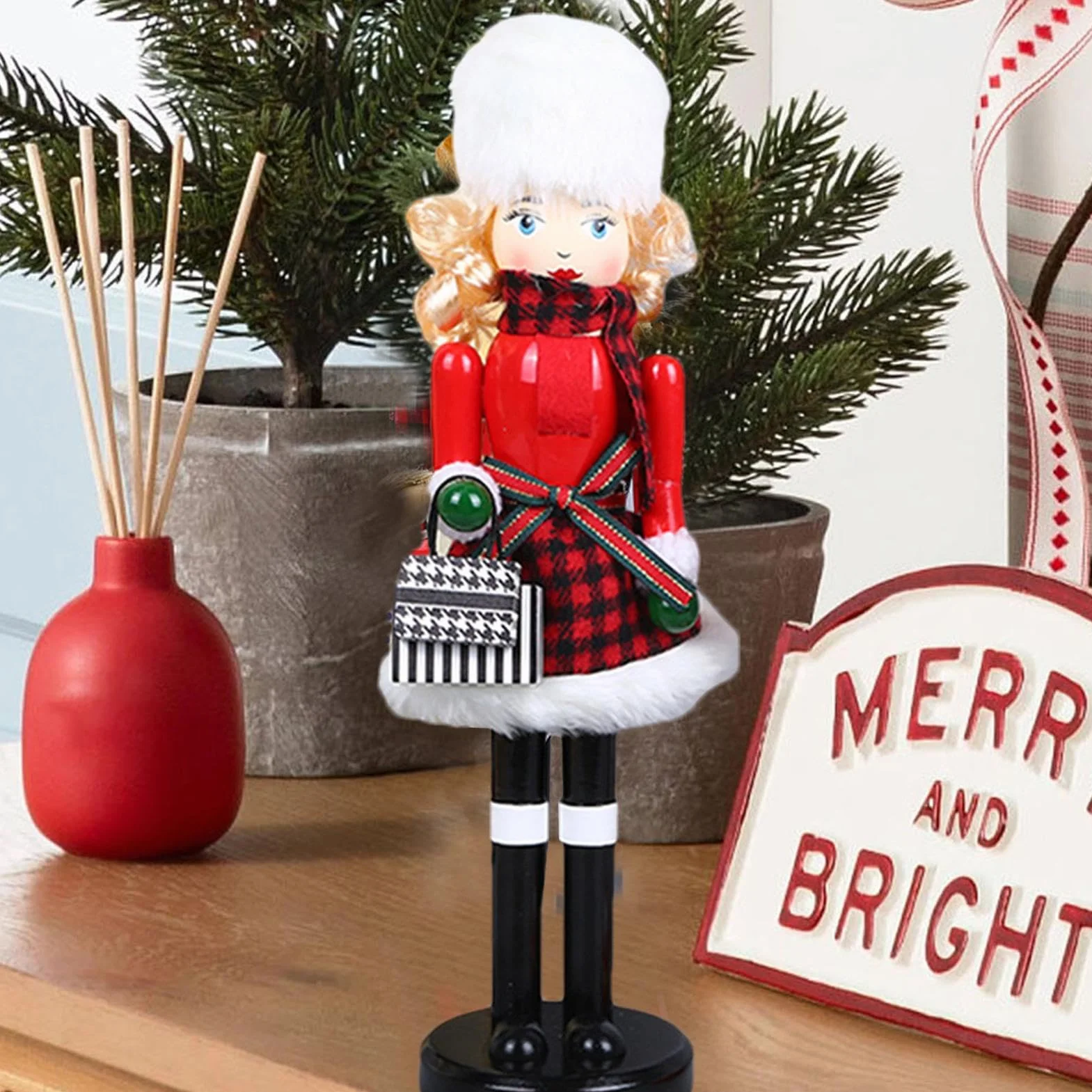 Woman Nutcracker Christmas Decorations, Wooden Nutcracker Figures 15.55x4.13 Inches, Puppet Christmas Table Decor, Bookshelf, Hotel, Cafe, Wood, Reusable Material
