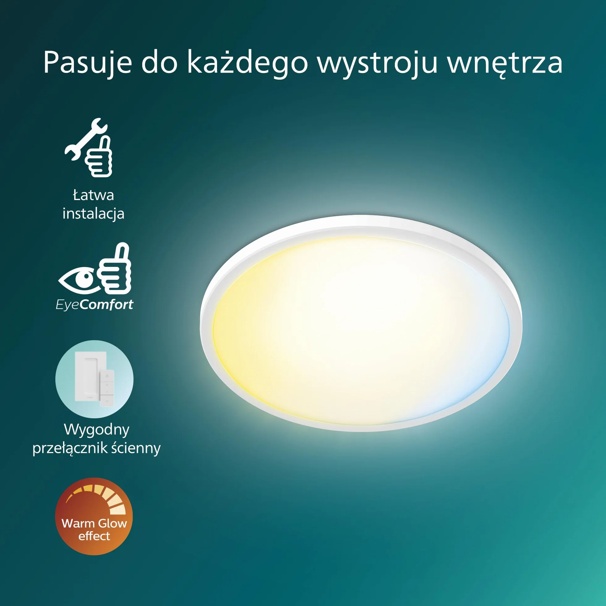 Philips Superslim — oprawa sufitowa z pilotem, 5 gotowych scen świetlnych, płynne przyciemnianie do 1%, łatwe sterowanie, prosty montaż, smukła konstrukcja, 22 W, okrągła, biała