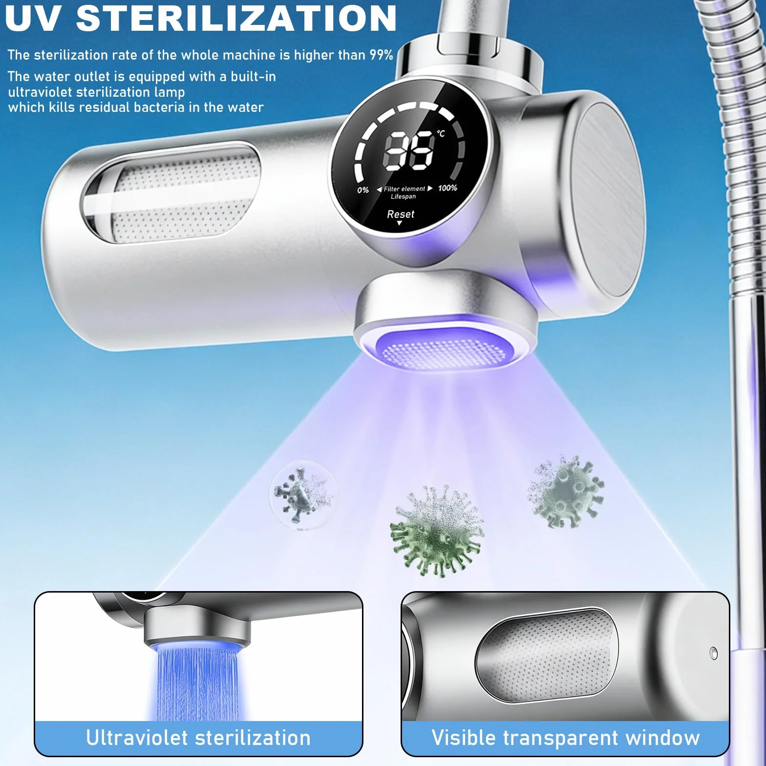 Filtr wody z wskaźnikiem LED do kranu, usuwa chlor, metale ciężkie, kamień, sterylizacja UV