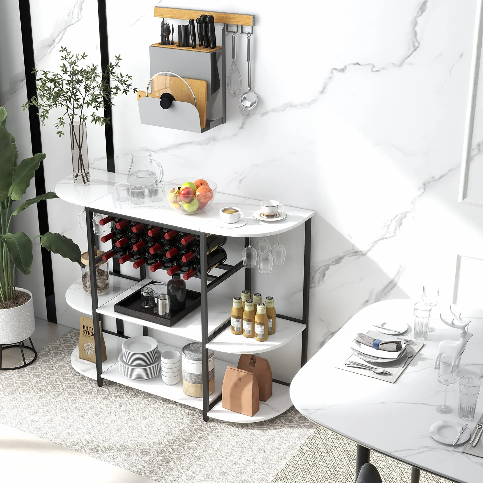 COSTWAY Stojak na wino 120 cm z uchwytem na szkło i półkami, 3-poziomowy regał na butelki na 18 butelek wina i 8 kieliszków, 120 x 40 x 91 cm (biały)