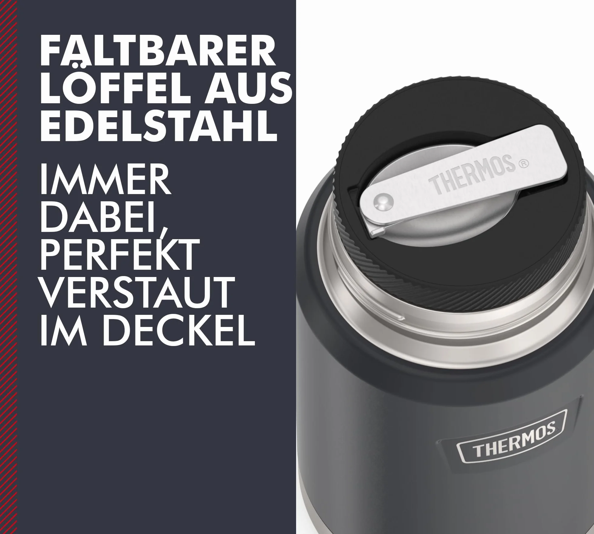 Thermos ICON Food Jar 0,71 l, ciemnoszary/grafitowy matowy, naczynie na jedzenie 710 ml, podwójne ścianki ze stali nierdzewnej 18/8, utrzymuje ciepło i zimno, ze składaną łyżką, antypoślizgowe dno,