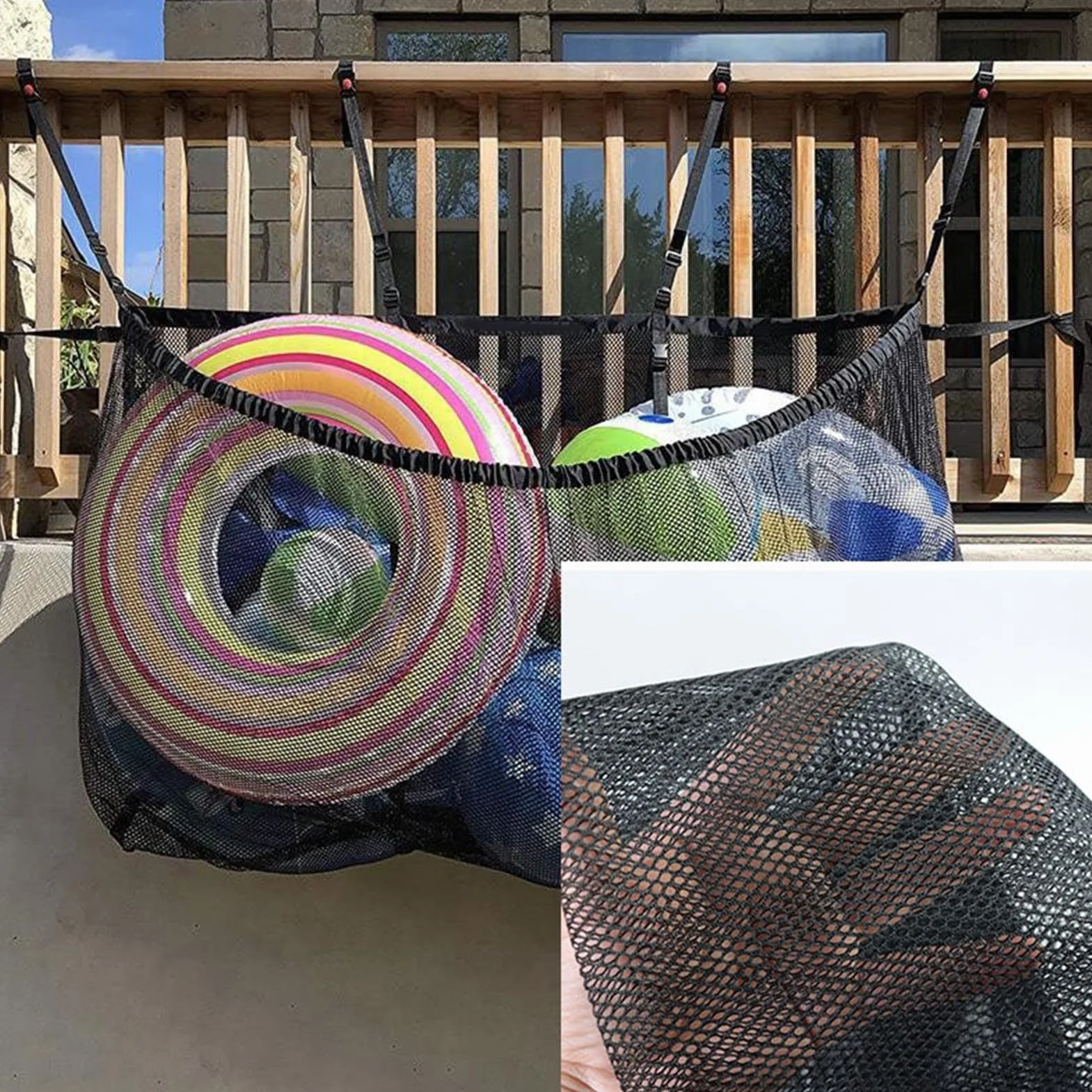 Torba siatkowa na pływaki basenowe, duża, 145 x 84 cm, do wieszania – wytrzymała, szybkoschnąca siatka do przechowywania basenu, na pierścienie pływackie, piłki, zabawki, plażę, patio, wewnątrz, garaż