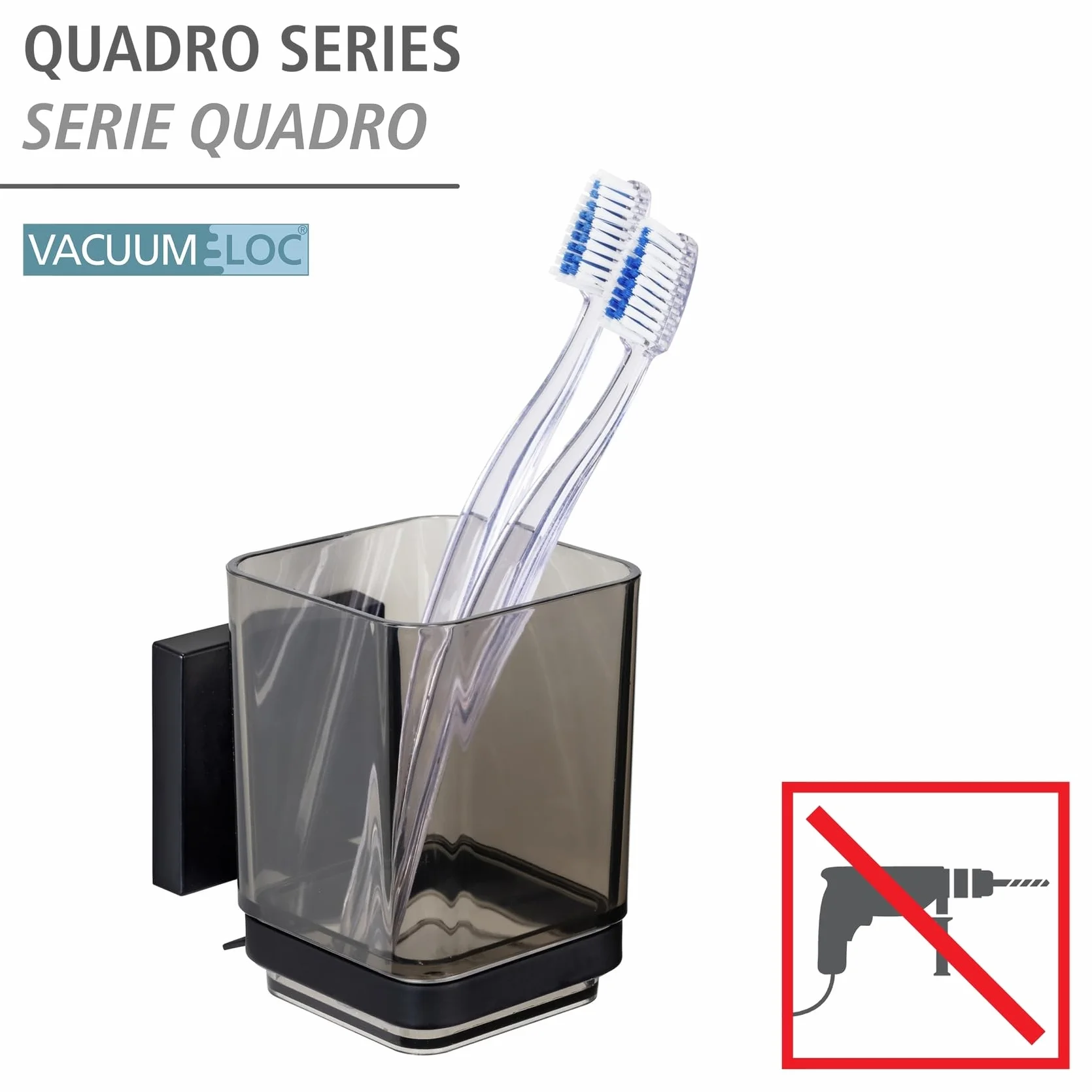 WENKO Vacuum-Loc® Quadro kubek do mycia zębów, kubek z tworzywa sztucznego z uchwytem ze stali nierdzewnej, mocowanie bez wiercenia, kolor czarny