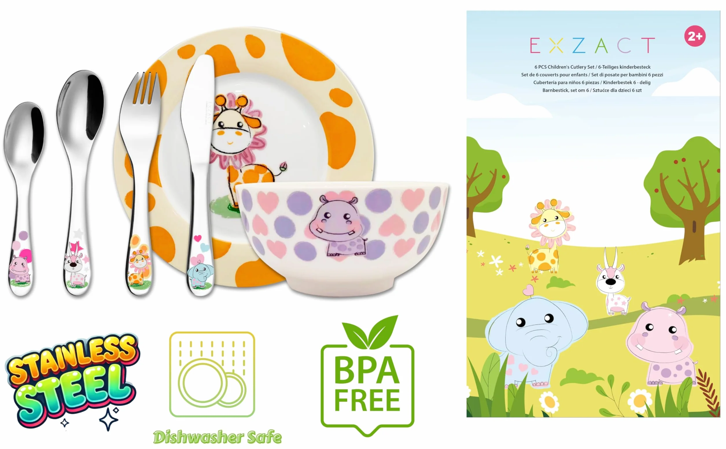 Exzact Zestaw obiadowy dla dzieci, sztućce, zestaw upominkowy, stal nierdzewna, porcelana, 1 miska, 1 x talerz, 1 x nóż obiadowy, 1 x widelec, 1 x łyżeczka, 1 x łyżka stołowa