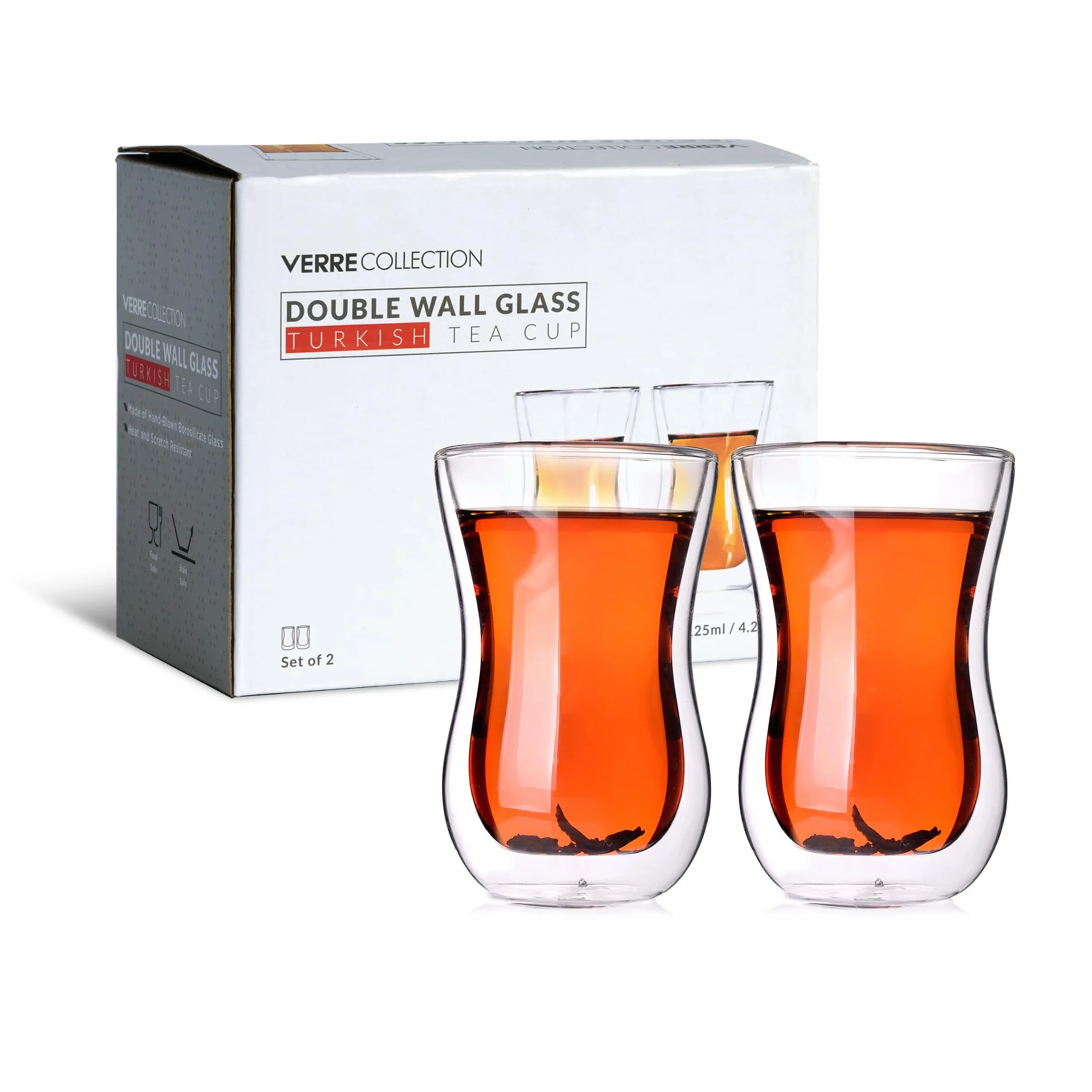 Verre Collection Tureckie kubki do herbaty, podwójne ścianki, 120 ml, zestaw 2 szt., turecki zestaw do herbaty, izolowane, szklane kubki do herbaty, odporne na wysokie temperatury