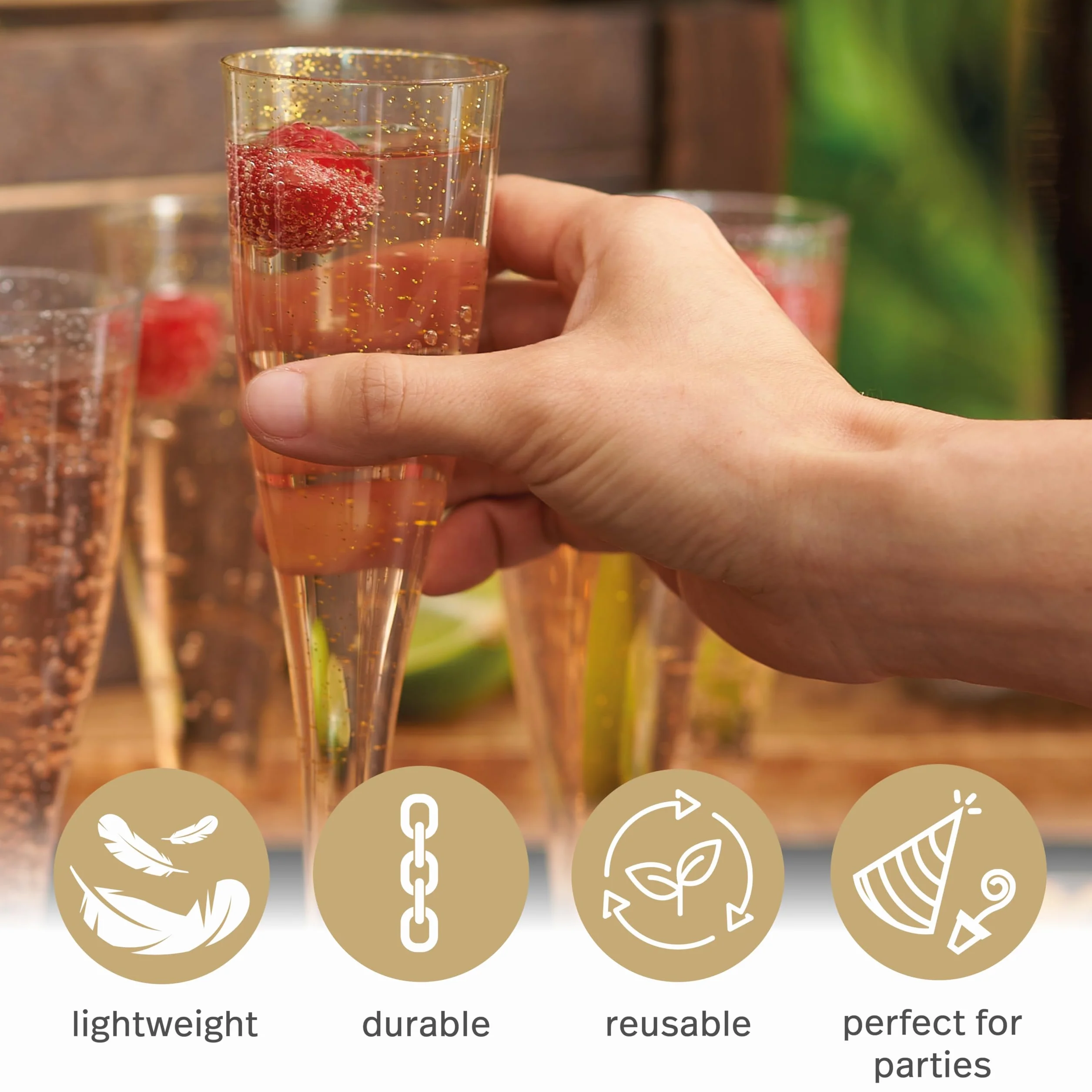 MATANA 48 plastikowych kieliszków do szampana premium ze złotym brokatem, 133 ml – kieliszki do tostów wielokrotnego użytku, kieliszki do koktajli Prosecco na wesela, urodziny, Boże Narodzenie, grill,