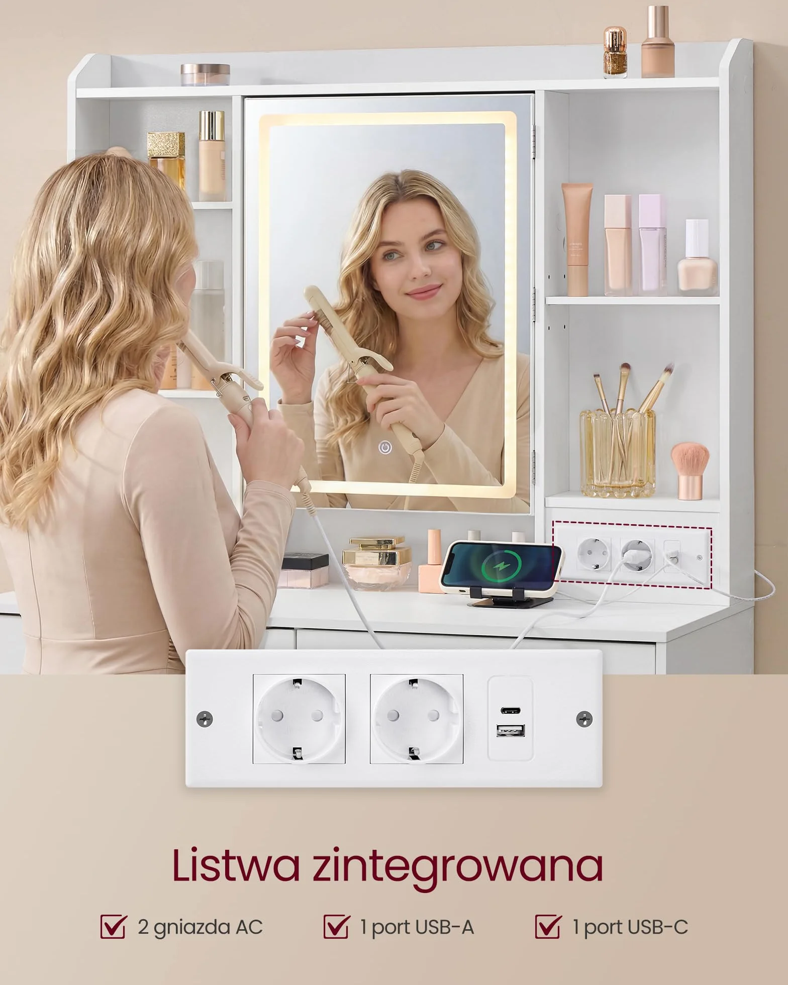 VASAGLE Kolekcja Kailyn - Toaletka z lustrem LED, 3 kolory, regulowana jasność, listwa zasilająca, stół do makijażu, duża, regulowana półka do przechowywania, 2 szuflady, nowoczesna, biała RDT143WB01