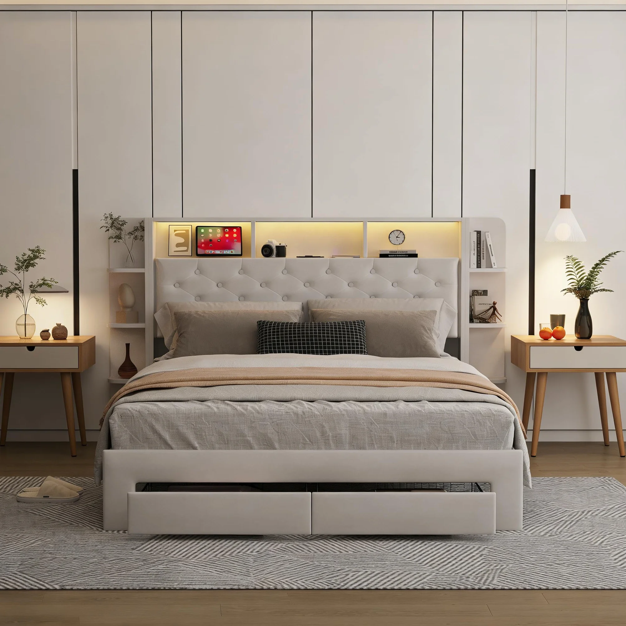 Łóżko dwuosobowe 160 x 200 z miejscem do przechowywania, łóżko szufladowe ze stelażem, łóżka dla dorosłych z oświetleniem LED i portem ładowania USB, dla nastolatków i dorosłych, flanela (biały, 160 ×