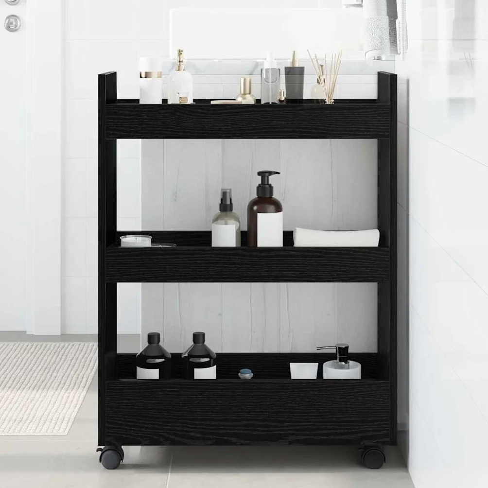 vidaXL Wąski Wózek do Przechowywania Czarny Dąb 60 x 22 x 80 cm, Nowoczesny wózek kuchenny, prostokątny design, trwały organizer, wąska konstrukcja do domu