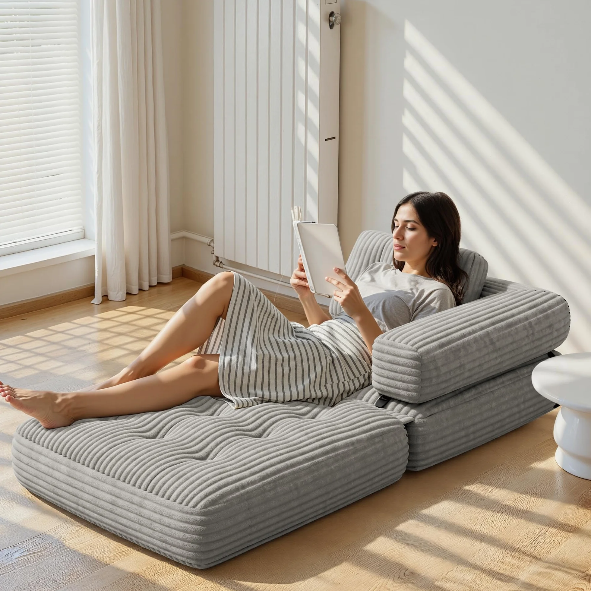 Xbro Składana sofa z podłokietnikiem w kształcie litery L, składany fotel 2 w 1 przenośny do małych przestrzeni, sztruksowa tkanina z wypełnieniem piankowym, 190 x 85 cm rozłożony (jasnoszary)