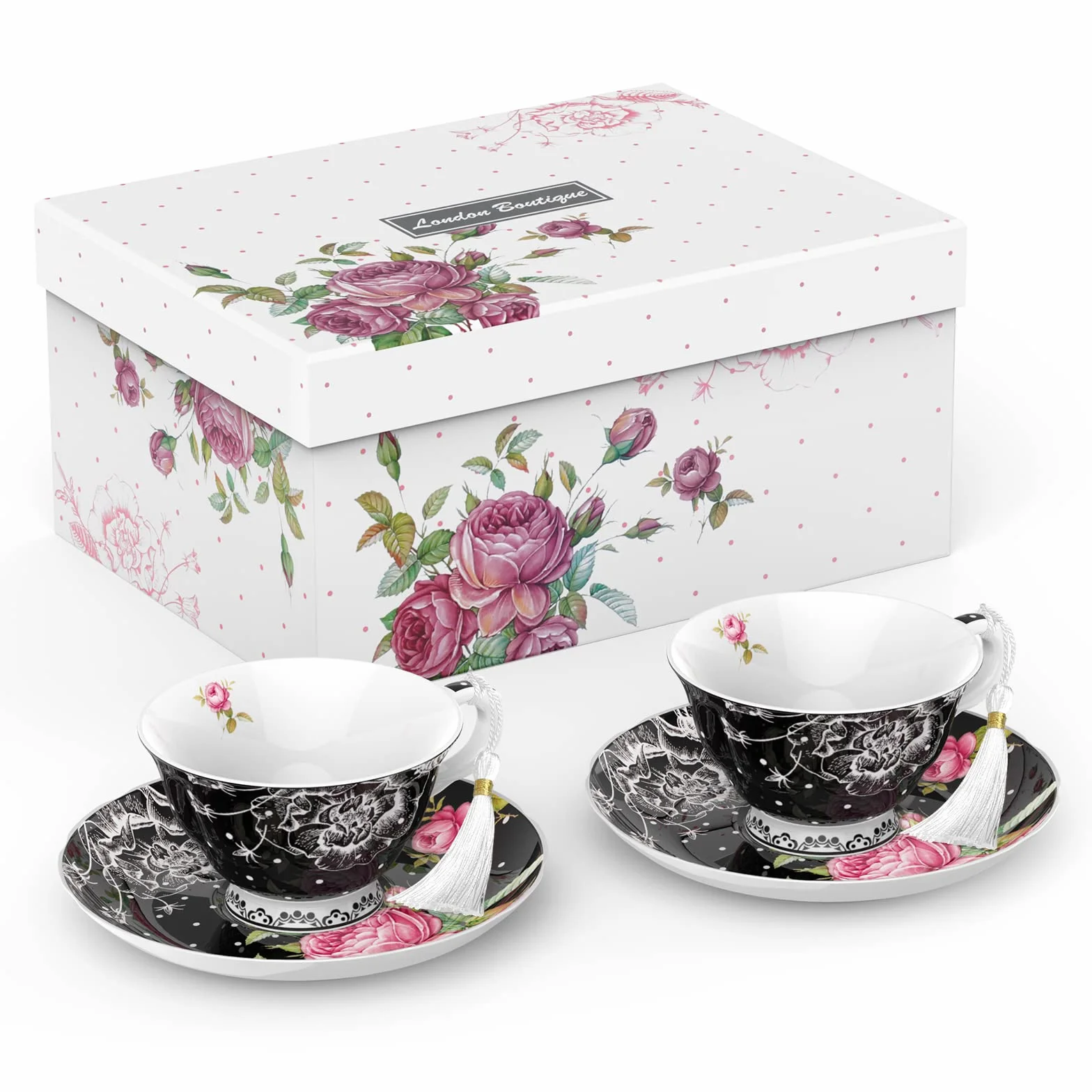 London Boutique Zestaw filiżanek do herbaty i spodków 2 popołudniowe popołudnie zestaw do herbaty New Bone China Vintage Flora pudełko prezentowe 200 m (czarne)