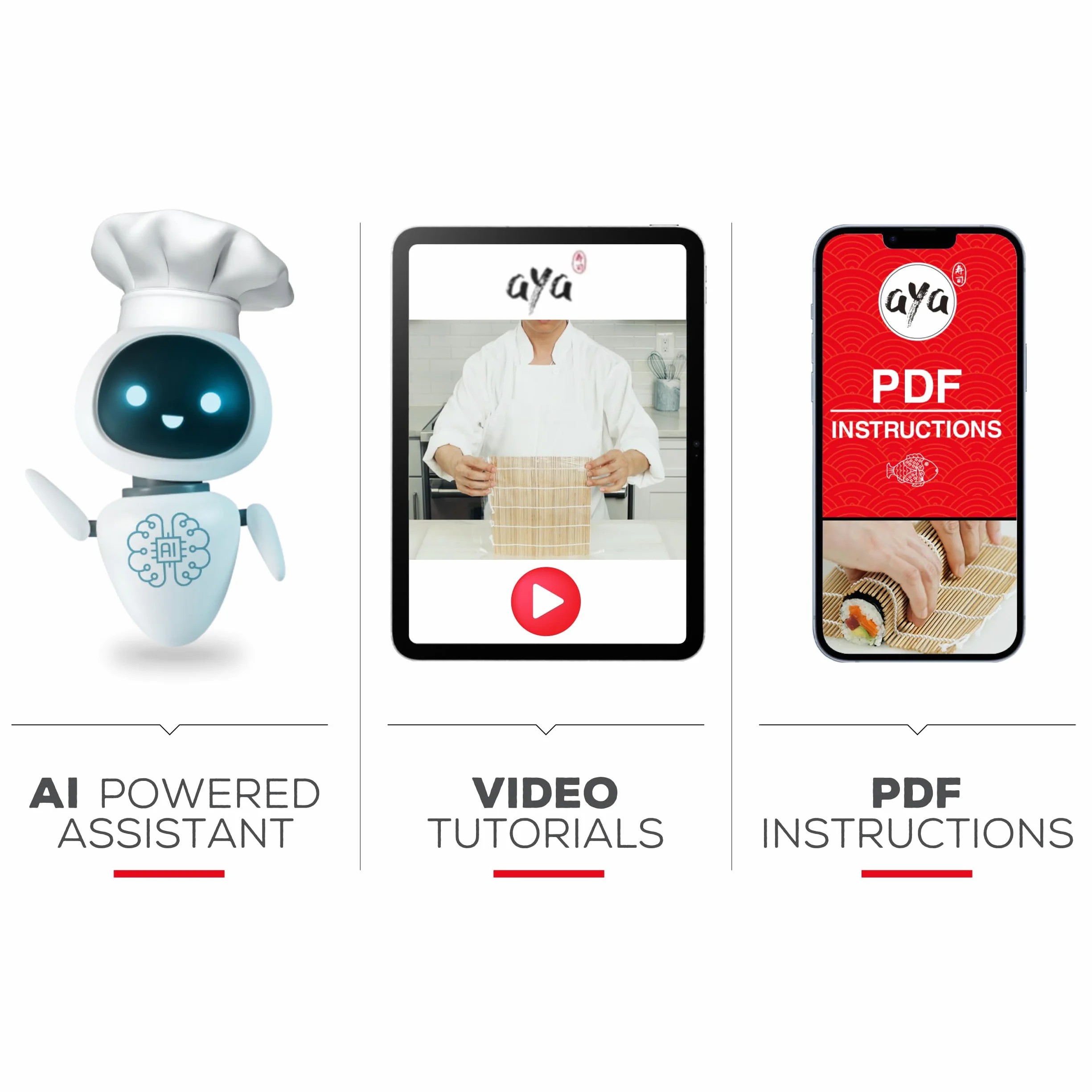 Aya Sushi Maker 3 - Asystent AI - Przepisy - 25 Sztuk - Przybory - Samouczki Wideo - Zestaw Z Nóż i Bambusową Matą - Łatwe i Przyjemne