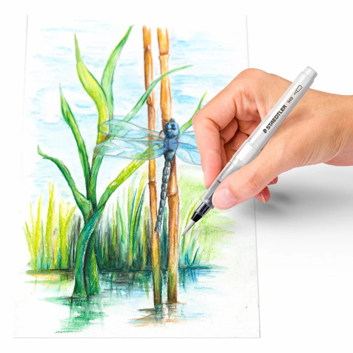 STAEDTLER 949-SBK4-C pędzel wodny (do akwareli, malowania i blendowania, równomierne odprowadzanie wody, wytrzymała nylonowa końcówka zapewnia stabilność kształtu, zestaw z 4 różnymi końcówkami)