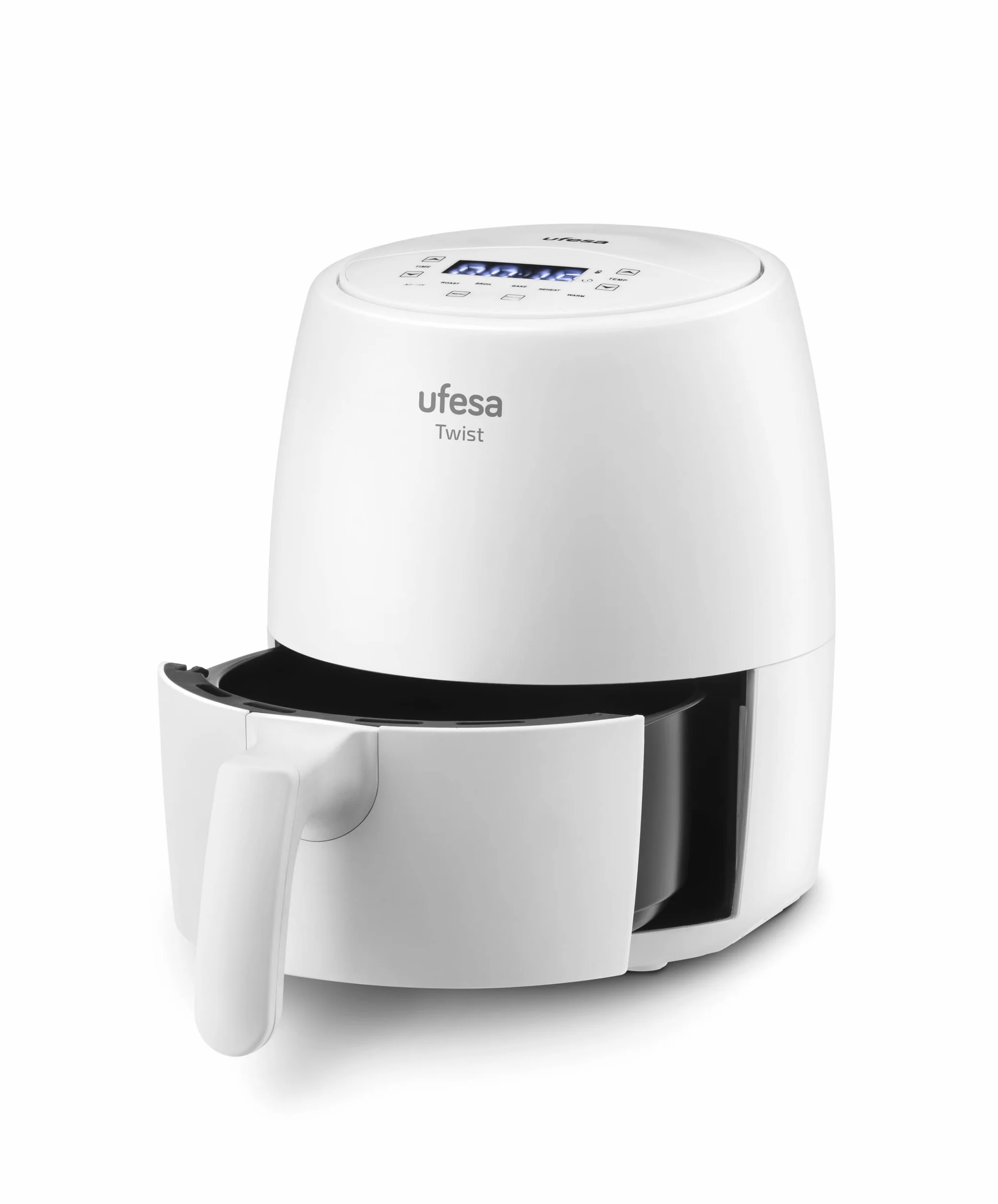 Ufesa Twist, frytkownica na gorące powietrze bez oleju, 2 l, Airfryer z 6 programami, 1200 W, zegar z zegarem, temperatura 80 °C do 200°C, nie zawiera BPA, powłoka nieprzywierająca, Cool-Touch, biała
