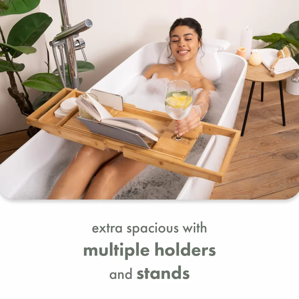 Tranquil Beauty Premium pojemnik na wannę, naturalny, zrównoważony bambus, deska łazienkowa z iPadem, tabletem i stojakiem na telefon, wysuwany drewniany stojak na wannę, regulowana taca łazienkowa z