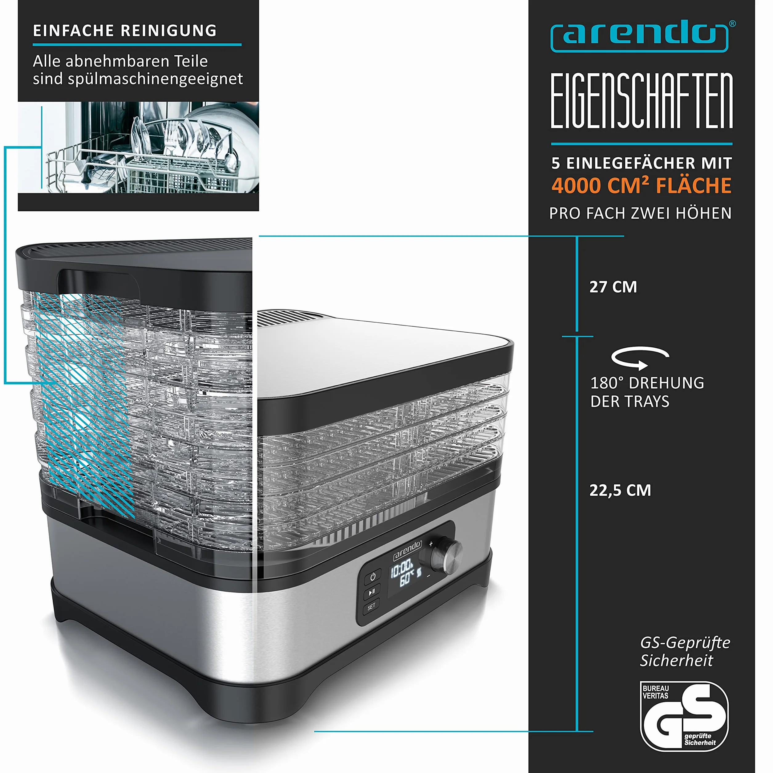 Arendo - Suszarka z regulatorem temperatury 400 W – urządzenie do suszenia żywności, mięsa, owoców, warzyw, z timerem do 24 h, 35 – 70 stopni, 5 wkładanych półek, GS – odwadniacz – nie zawiera BPA