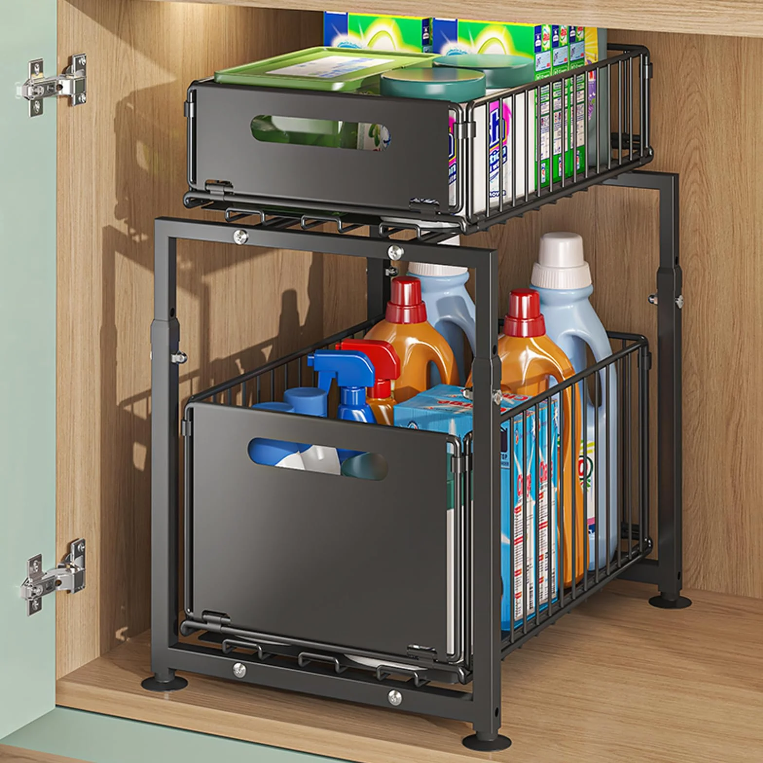 YunNasi Organizer pod Zlewozmywak, 2-Poziomowy, Metalowa Półka Kuchenna z Wysuwanym Systemem, Szary (Czarny, Model-A)