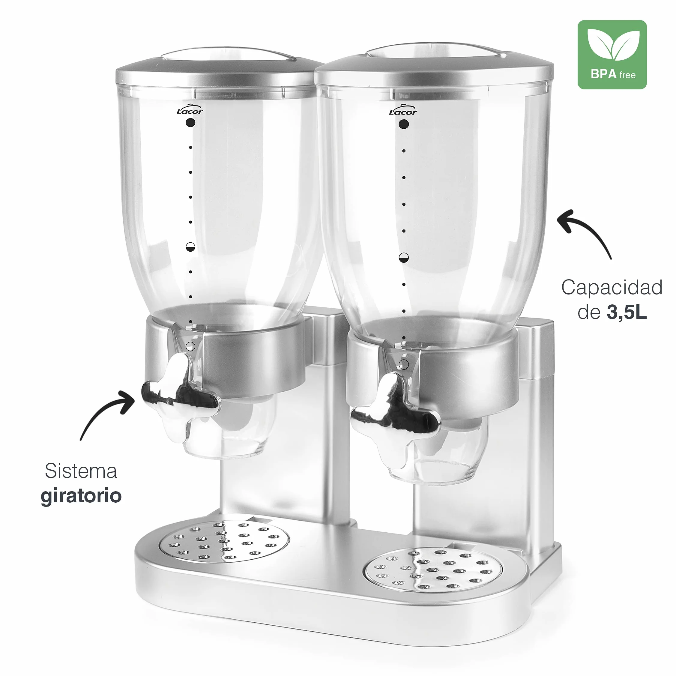 Lacor - 62597 - Dozownik zbóż, suszonych owoców, makaronu i cukierków, podwójny pojemnik, dwa pojemniki 3,5 l, system obrotowy, wolny od BPA, 33x20x42 cm, szary