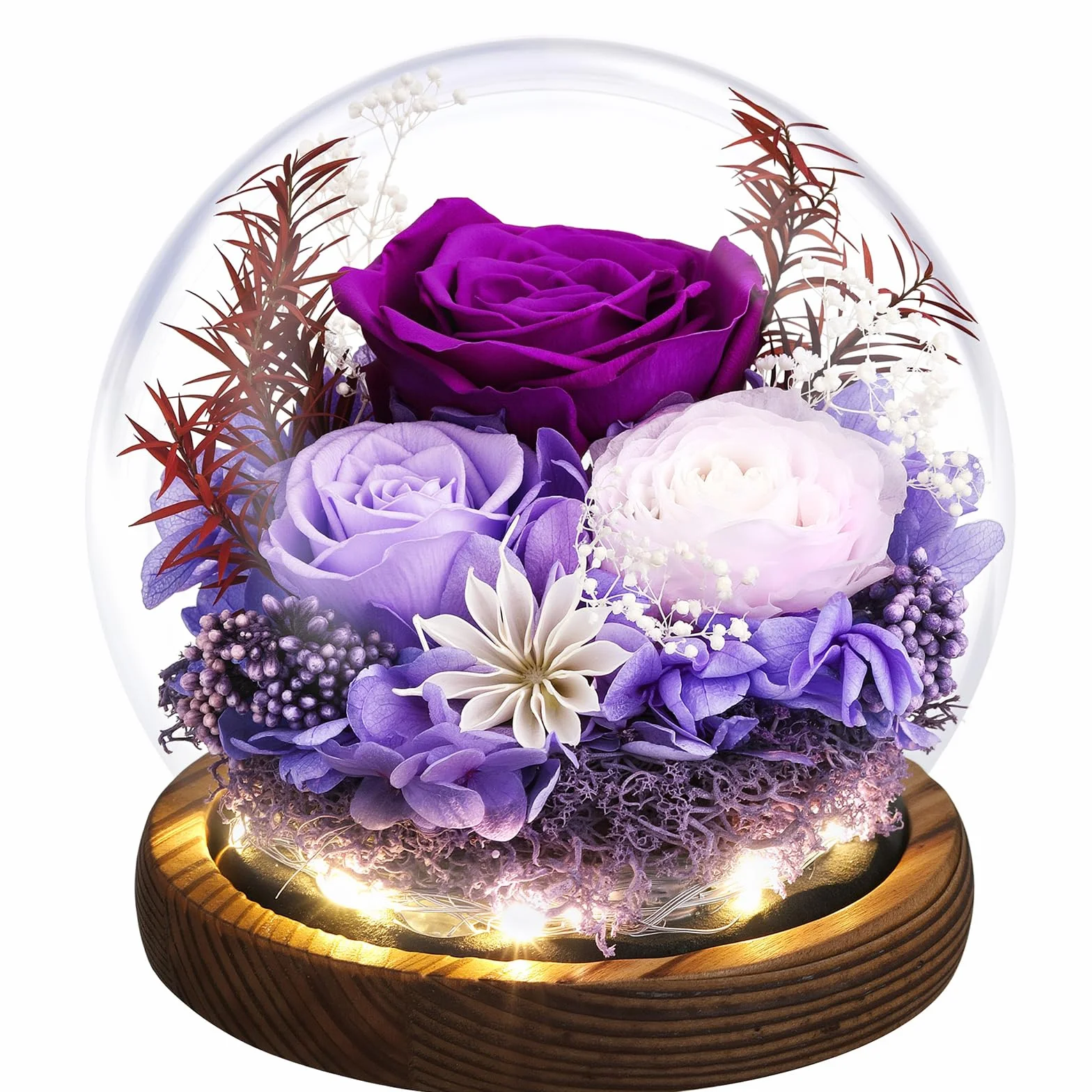 Emibele Mother's Day Eternal Rose Gifts for Mom, Preserved Real Rose in Glass Dome with LED Light for Decoration, Flowers for Delivery Prime, Gifts for Women Wife Her on Birthday Anniversary, Purple