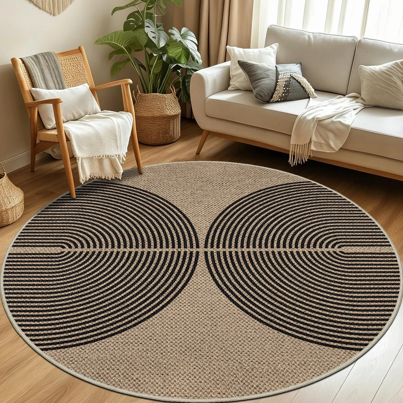 Capslpad Dywan do salonu, okrągły, 160 x 160 cm, wygląd juty, naturalny, okrągły, nadaje się do prania, antypoślizgowy dywan do salonu, sypialni, biura, czarny