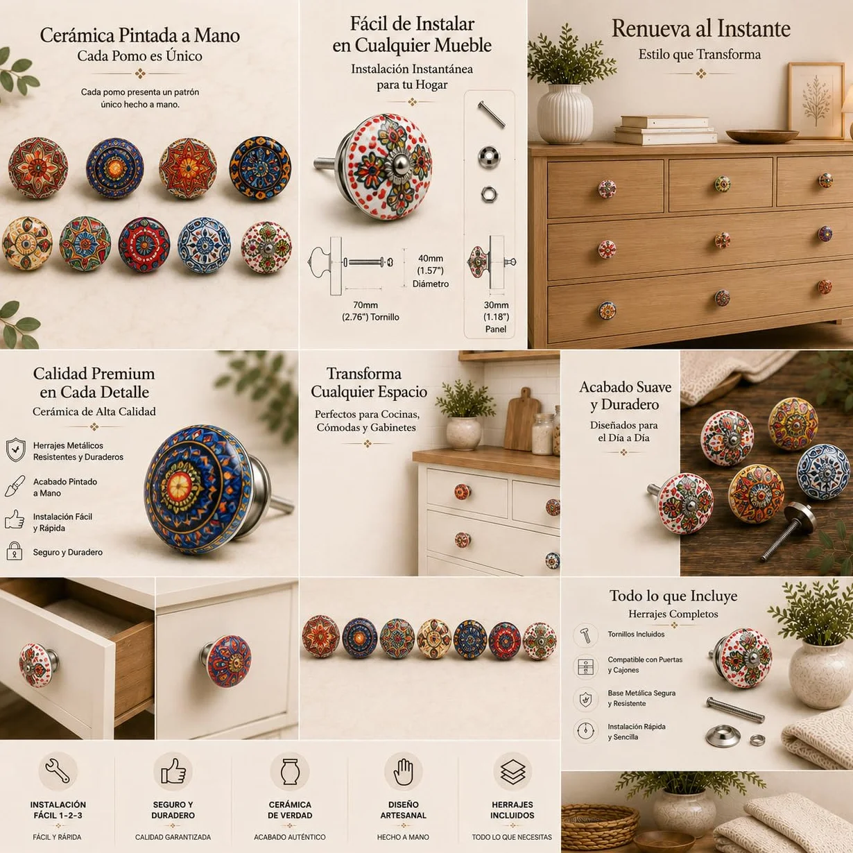 Zestaw 10 pokrętł ceramicznych z różnymi stylami kwiatowymi, ręcznie malowane. Ręcznie robione uchwyty do szafek, szuflad, komód i wieszaków. Klasyczne pokrętła o średnicy 40 mm.