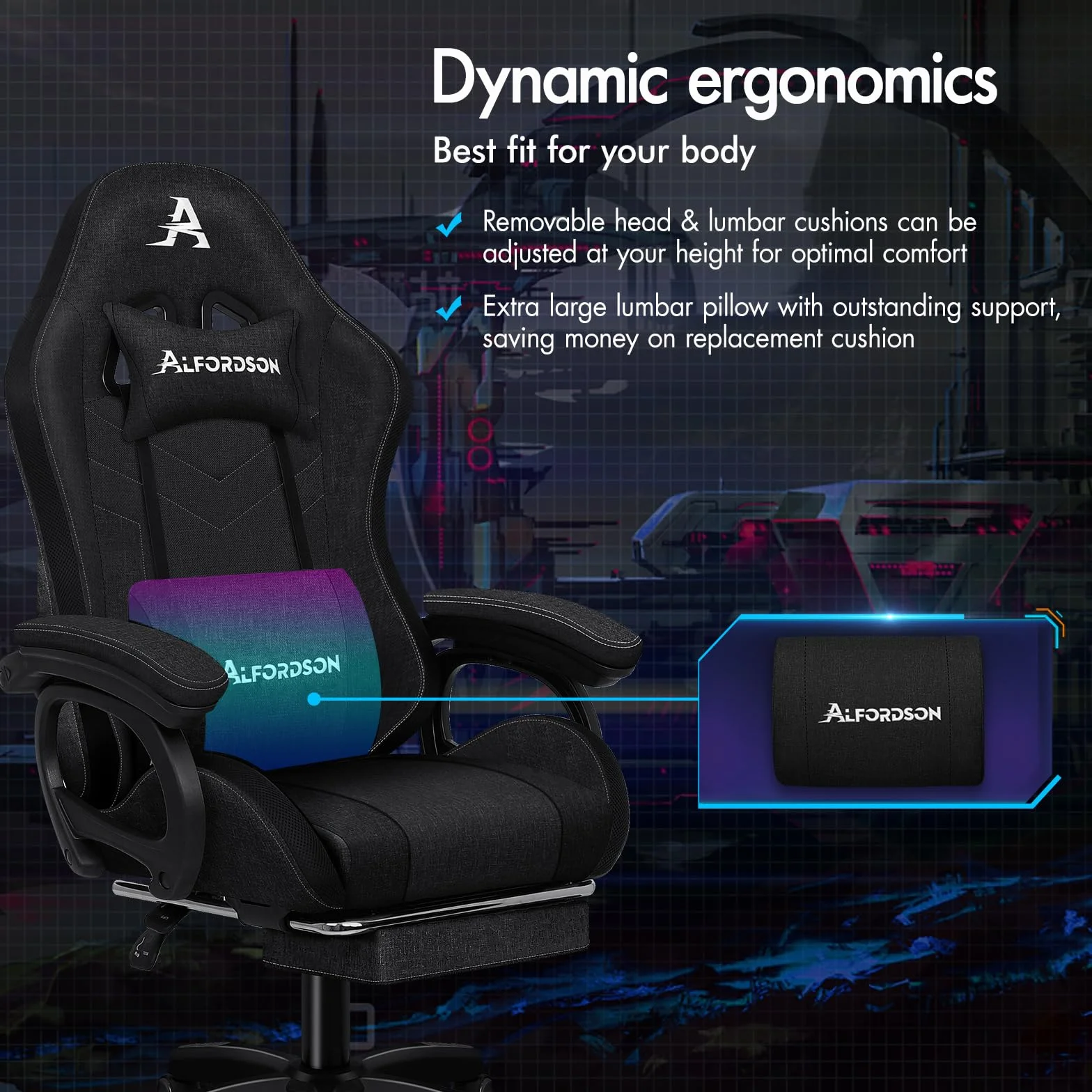 ALFORDSON krzesło gamingowe, krzesło wyścigowe z oświetleniem RGB LED, fotel do masażu komputerowego z podnóżkiem, ergonomiczne krzesło obrotowe z dźwignią, materiał, czarny
