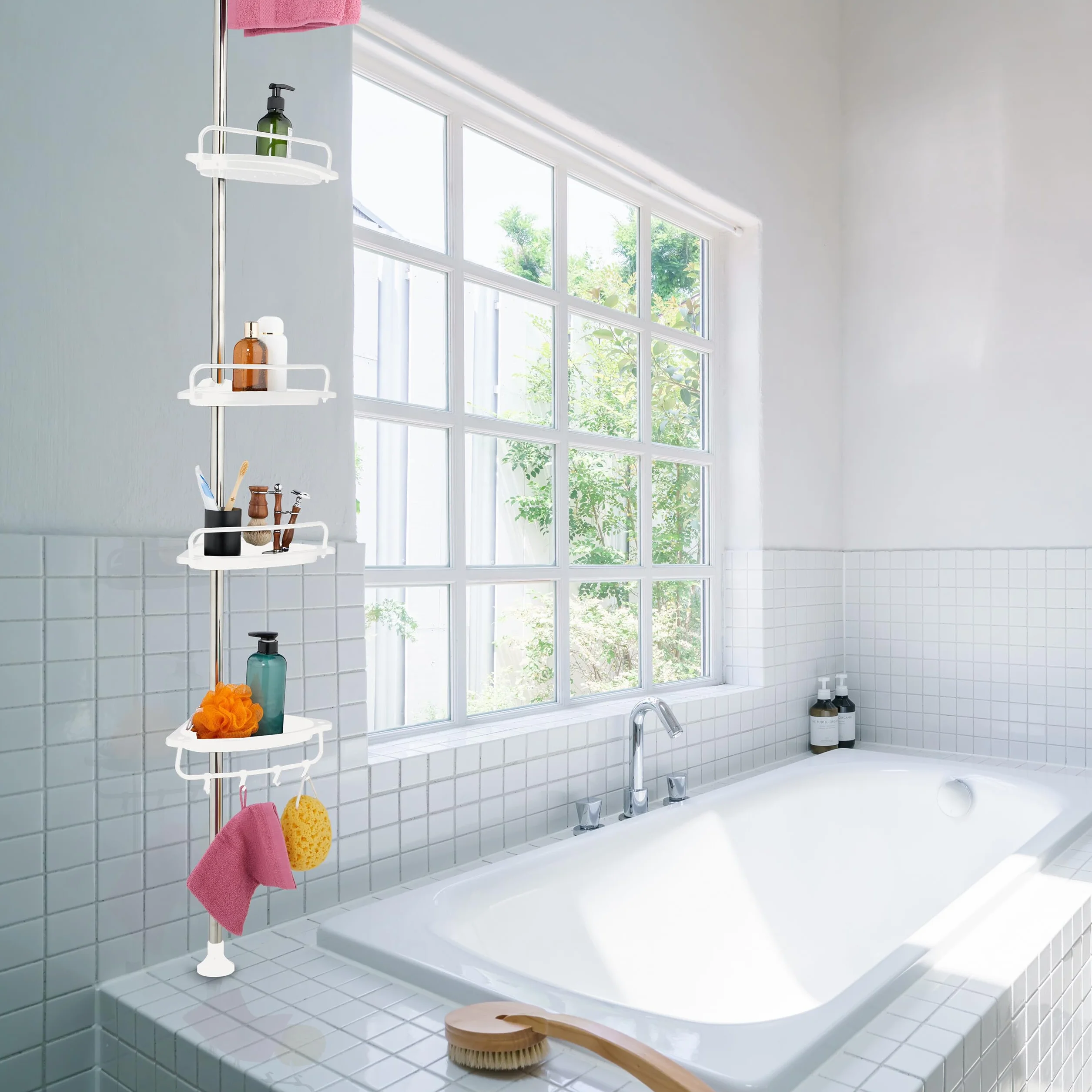 Relaxdays Teleskopowy regał prysznicowy 99-311 cm narożny bez wiercenia drążek napinający 4 półki biały stal nierdzewna