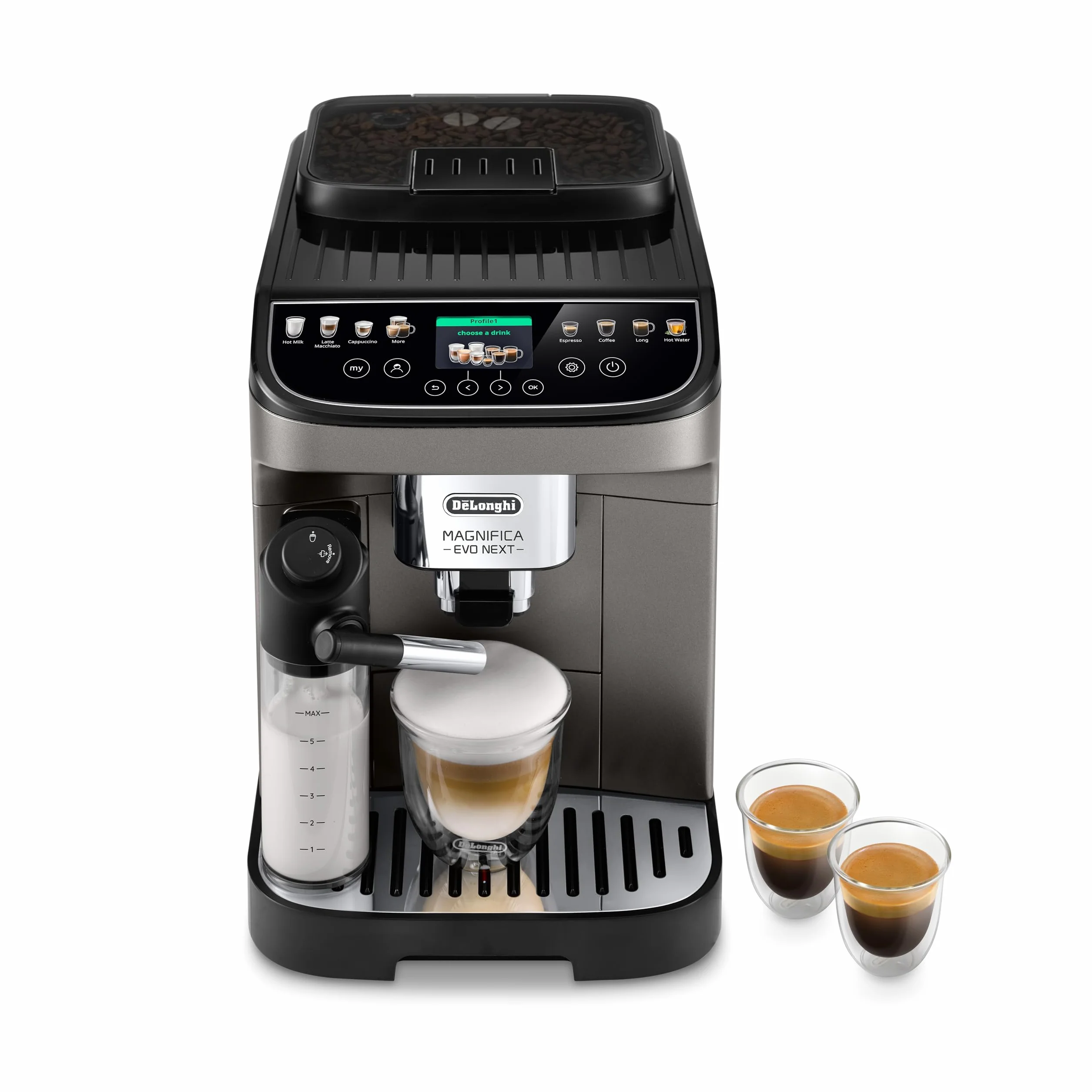 De'Longhi Wspaniały Evo Next ECAM312.80.TB, automatyczny ekspres do kawy z mlekiem, ekspres do kawy i cappuccino z intuicyjnym wyświetlaczem dotykowym, 1450 W, czarny/tytanowy