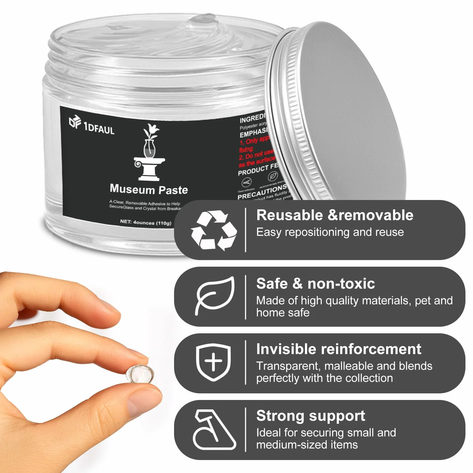 1DFAUL 110 g żel muzealny, Removable Clear Museum Paste Putty Wax, wielokrotnego użytku i bez pozostawiania śladów, stałe przedmioty kolekcjonerskie i dekoracje zapobiegające wstrząsom i upadkom