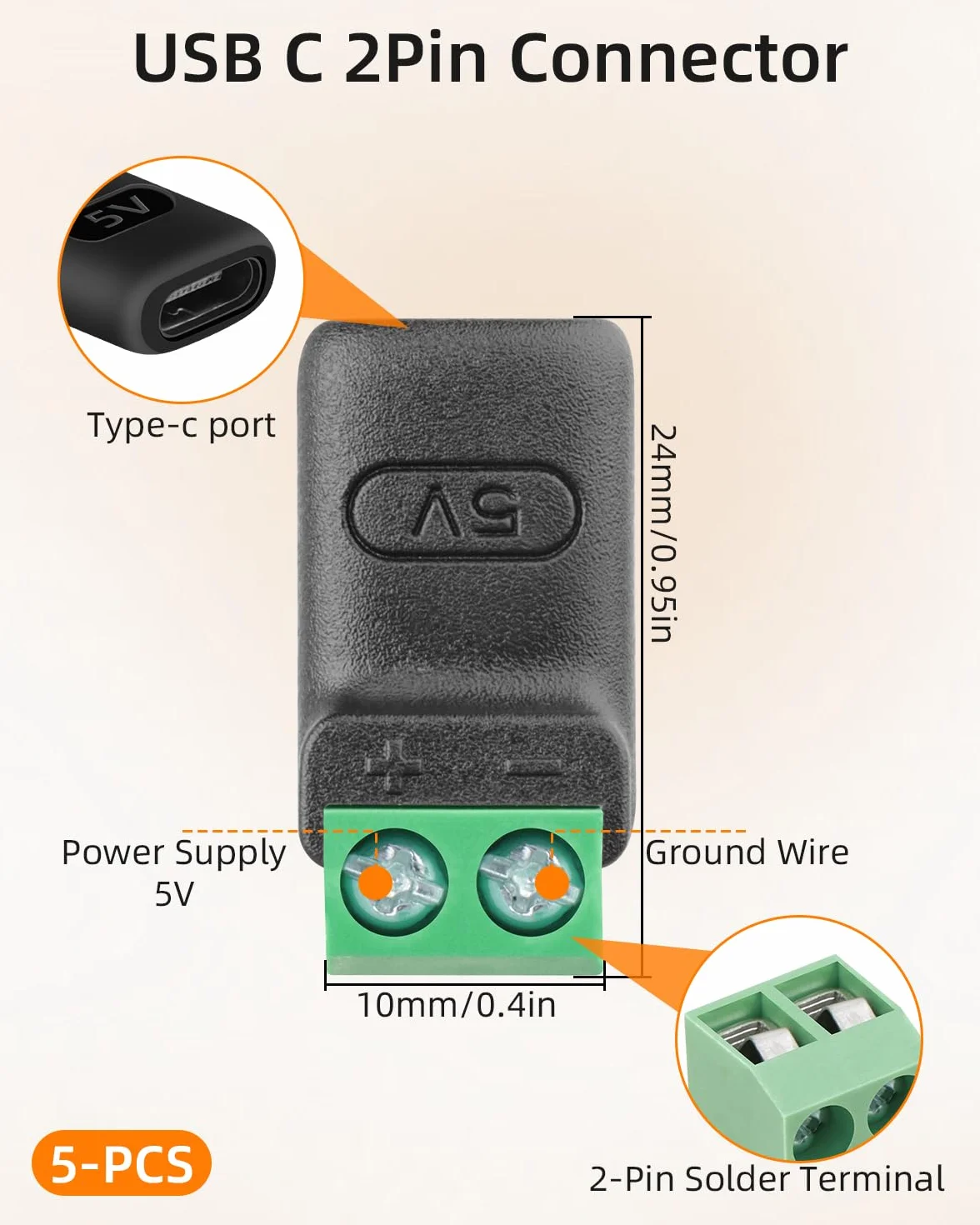 GELRHONR Gniazdo USB C do lutowania 5 V, adapter 5 sztuk, typ C na 2-biegunowy adapter zacisków śrubowych, bezlutowy zacisk przyłączeniowy, konwerter USB C do ładowania zabawek dla majsterkowiczów