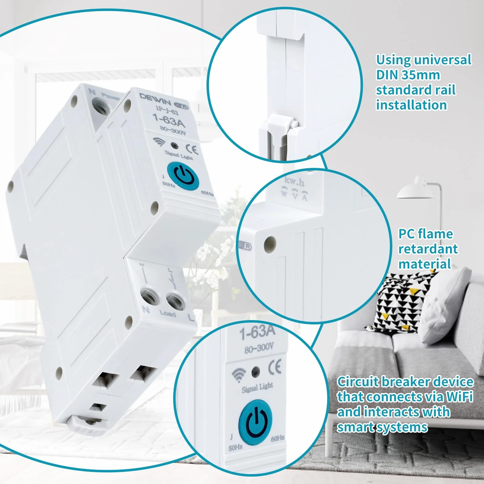 DEWIN Din Rail Circuit Breaker, Tuya WiFi inteligentny wyłącznik obwodu z pomiarem mocy do inteligentnego domu pilot zdalnego sterowania przełącznik 1P 63A AC 220V