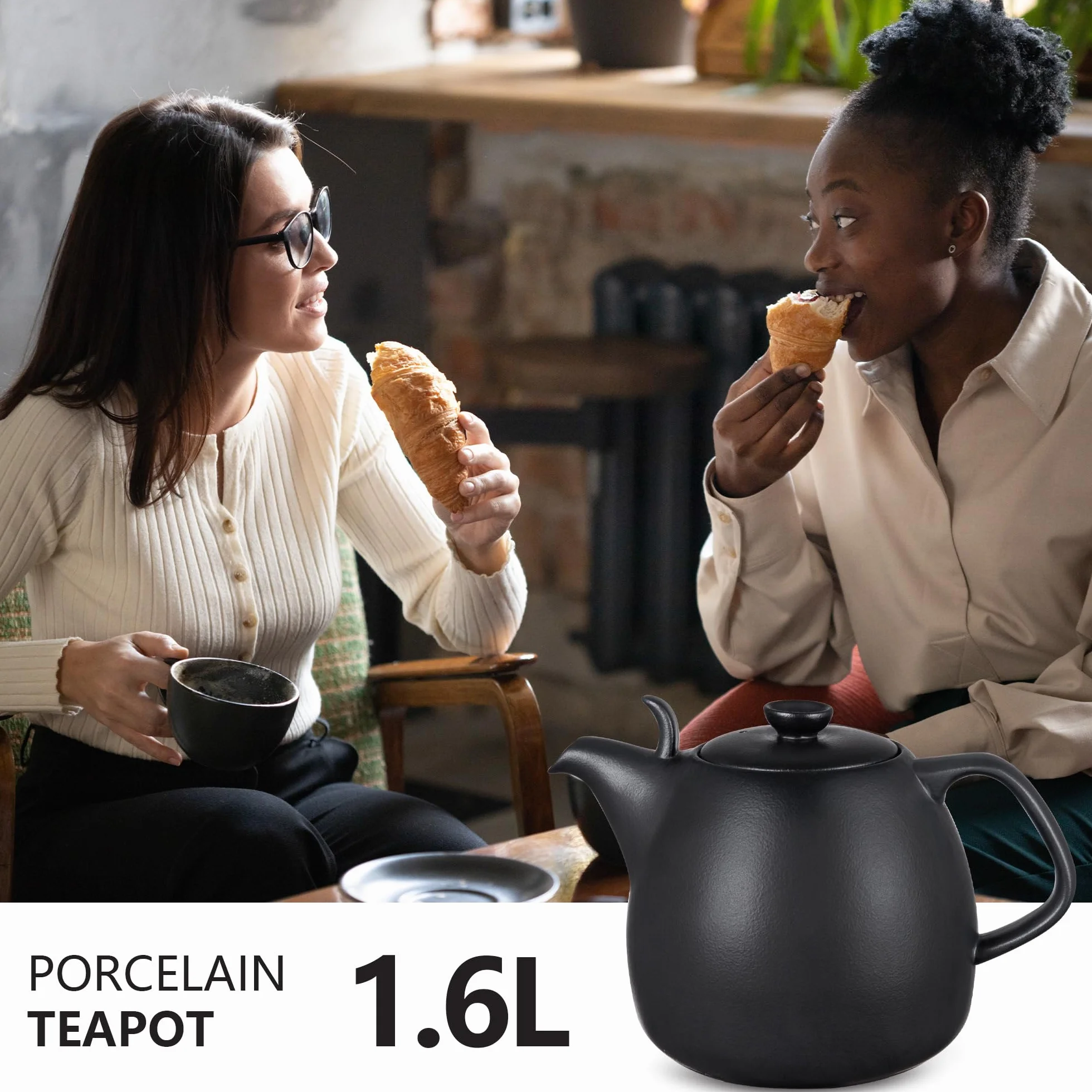 Urban Lifestyle czajnik do herbaty z podgrzewaczem 1,6 L porcelanowy czajnik czarny mat z zaparzaczem ze stali nierdzewnej do herbaty sypanej z filtrem zestaw do herbaty Copenhagen
