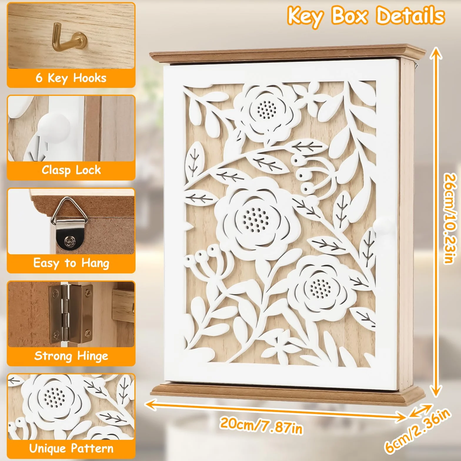 Drewniana skrzynka na klucze vintage z 6 haczykami, dekoracja ścienna do przedpokoju