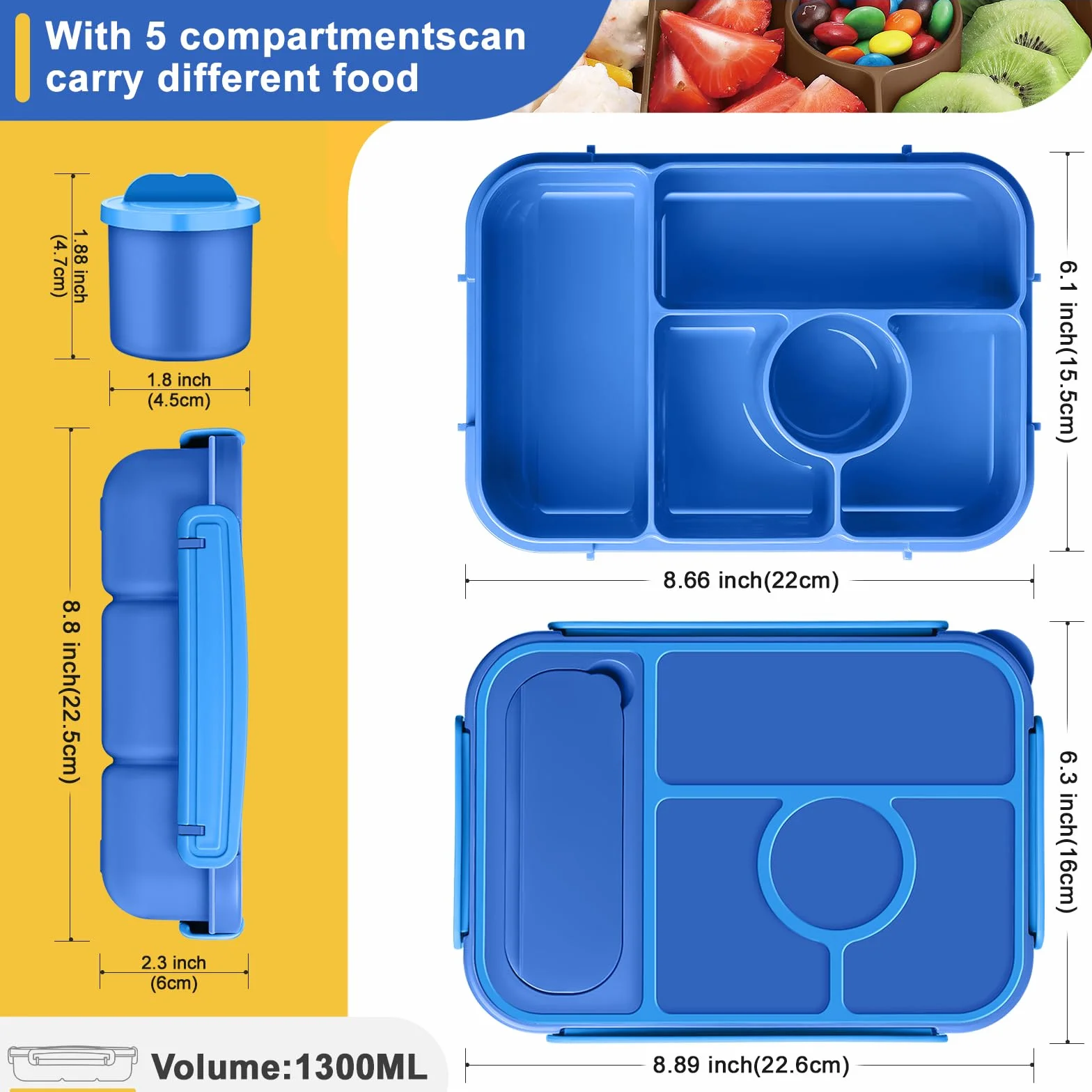 Amathley Bento Lunch Box Dla Dzieci,Pudełko na Lunch Dla Dzieci/Dorosłych,1300ML Szczelne Lunch,ze Pudełko Na Sos i 5 Przegródkami,Nbez BPA, Można Używać w (Ciemnoniebieski)