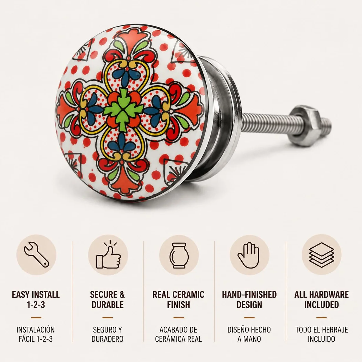 Zestaw 10 pokrętł ceramicznych z różnymi stylami kwiatowymi, ręcznie malowane. Ręcznie robione uchwyty do szafek, szuflad, komód i wieszaków. Klasyczne pokrętła o średnicy 40 mm.