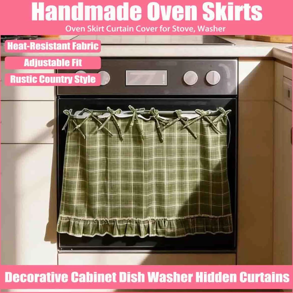 Handmade Oven Skirts,Heat Proof Ovens Door Skirt Curtain,Curtain Tie Top,Farmhouse Kitchen Décor,Effortless Install,Hide Clutter,for oven,Dishwashers,Washing Machine (E)