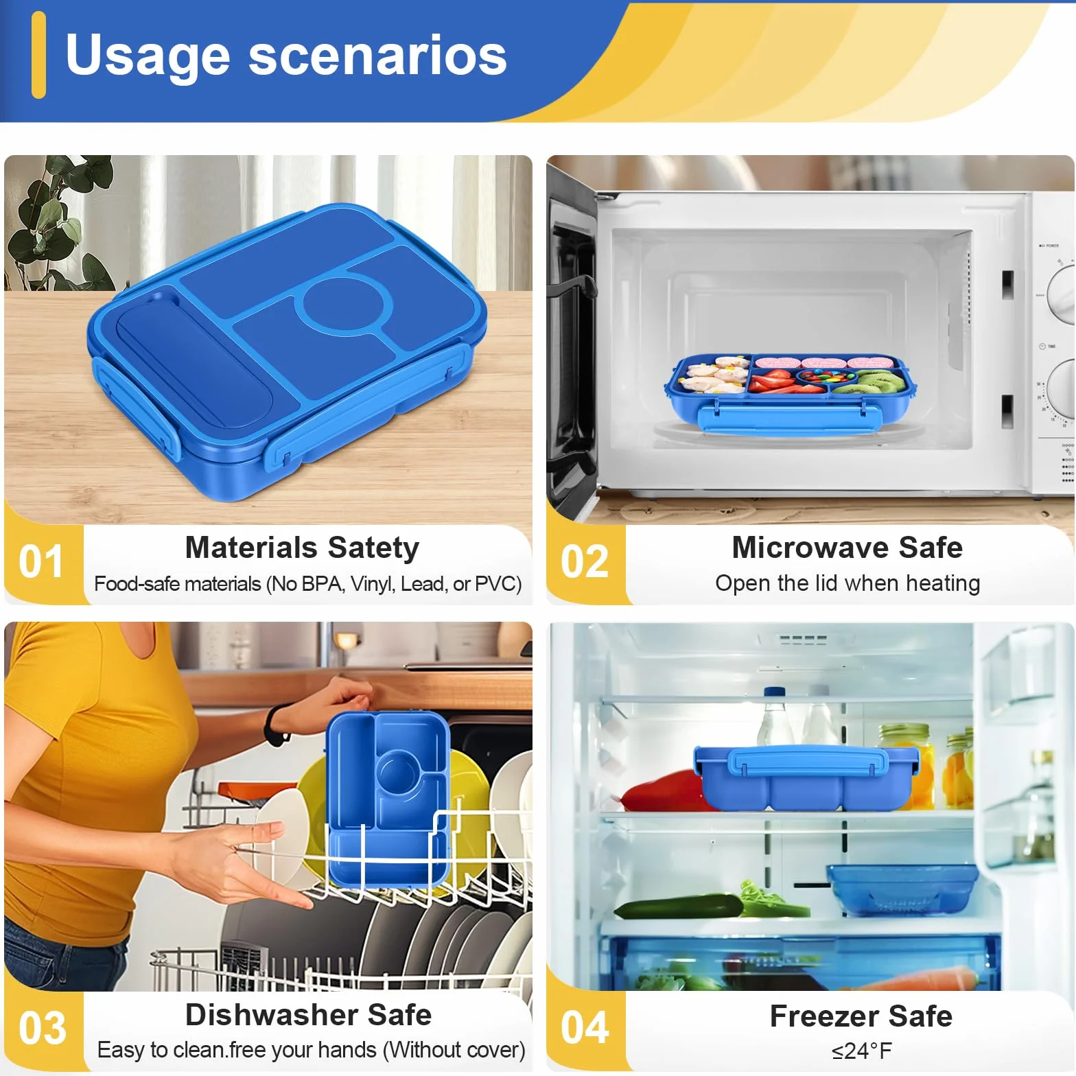 Amathley Bento Lunch Box Dla Dzieci,Pudełko na Lunch Dla Dzieci/Dorosłych,1300ML Szczelne Lunch,ze Pudełko Na Sos i 5 Przegródkami,Nbez BPA, Można Używać w (Ciemnoniebieski)