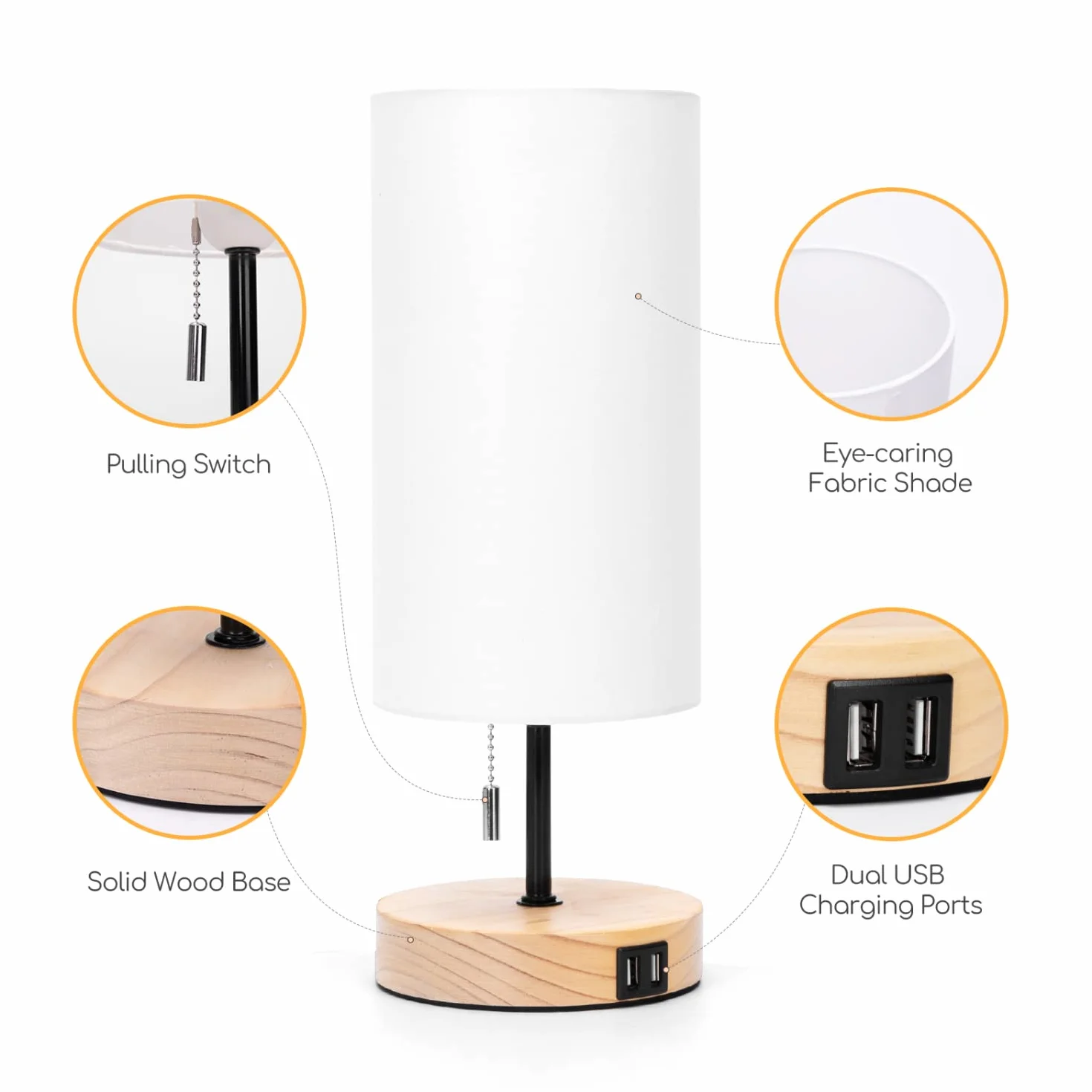 Lampa stołowa Aigostar z 2 portami ładowania USB, lampka nocna z włącznikiem pociąganym, drewniana podstawa, zabytkowa lampa biurkowa do salonu, sypialni, biura