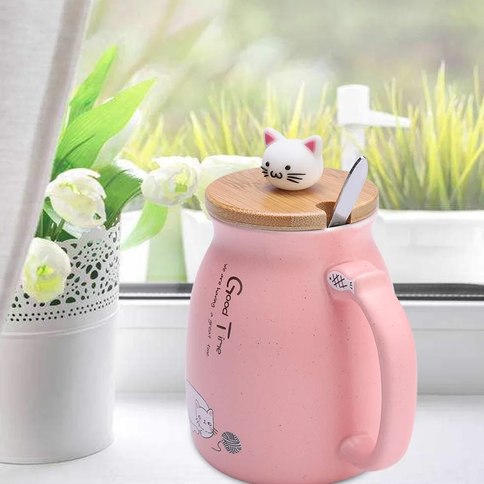 Kubek dla kota 420 ml śliczny ceramiczny kubek do kawy z pięknym kotkiem drewniana pokrywka łyżka ze stali nierdzewnej, poranna filiżanka herbata mleko świąteczny kubek(Pink)