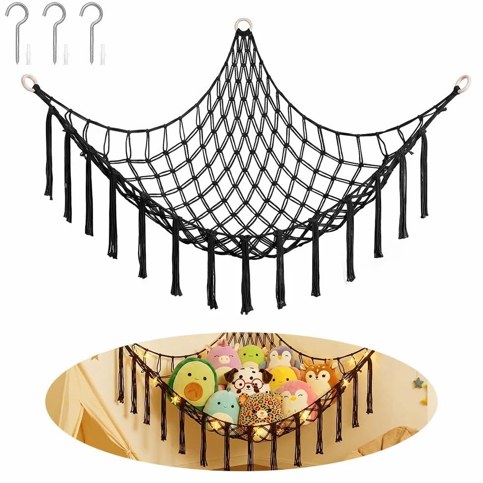 AUAUY Zabawka hamak dla wypchanych zwierząt, pluszowy, hamak, siatka do przechowywania zabawek z diodami LED, łańcuch świetlny w stylu boho, duża narożna siatka z frędzlami, miękka przytulanka do