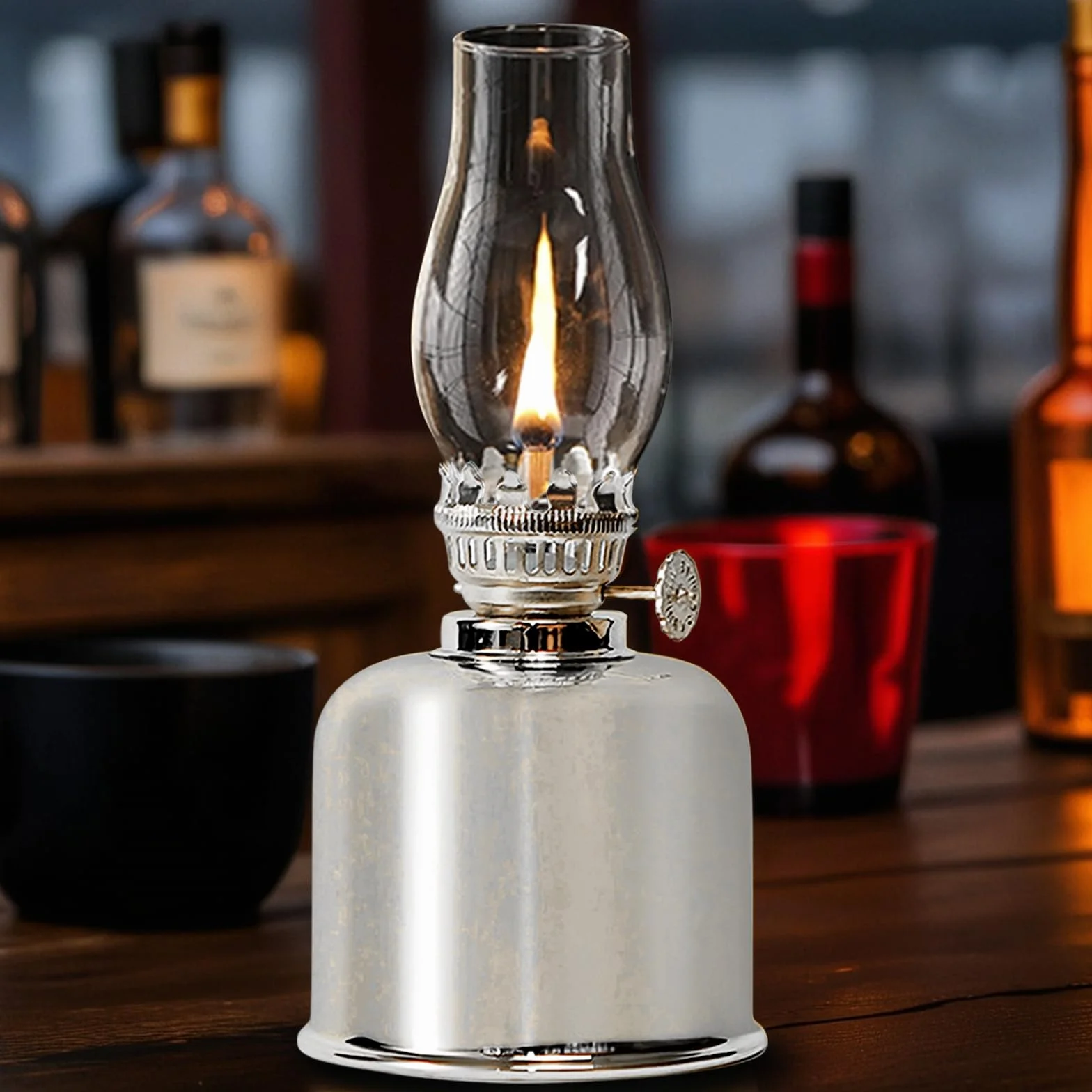 Lampa naftowa do wnętrz, metalowo-szklana, do wnętrz, wiatroszczelna, retro, regulowana jasność, do użytku w nagłych wypadkach, do ogrodu, jadalni, srebrna