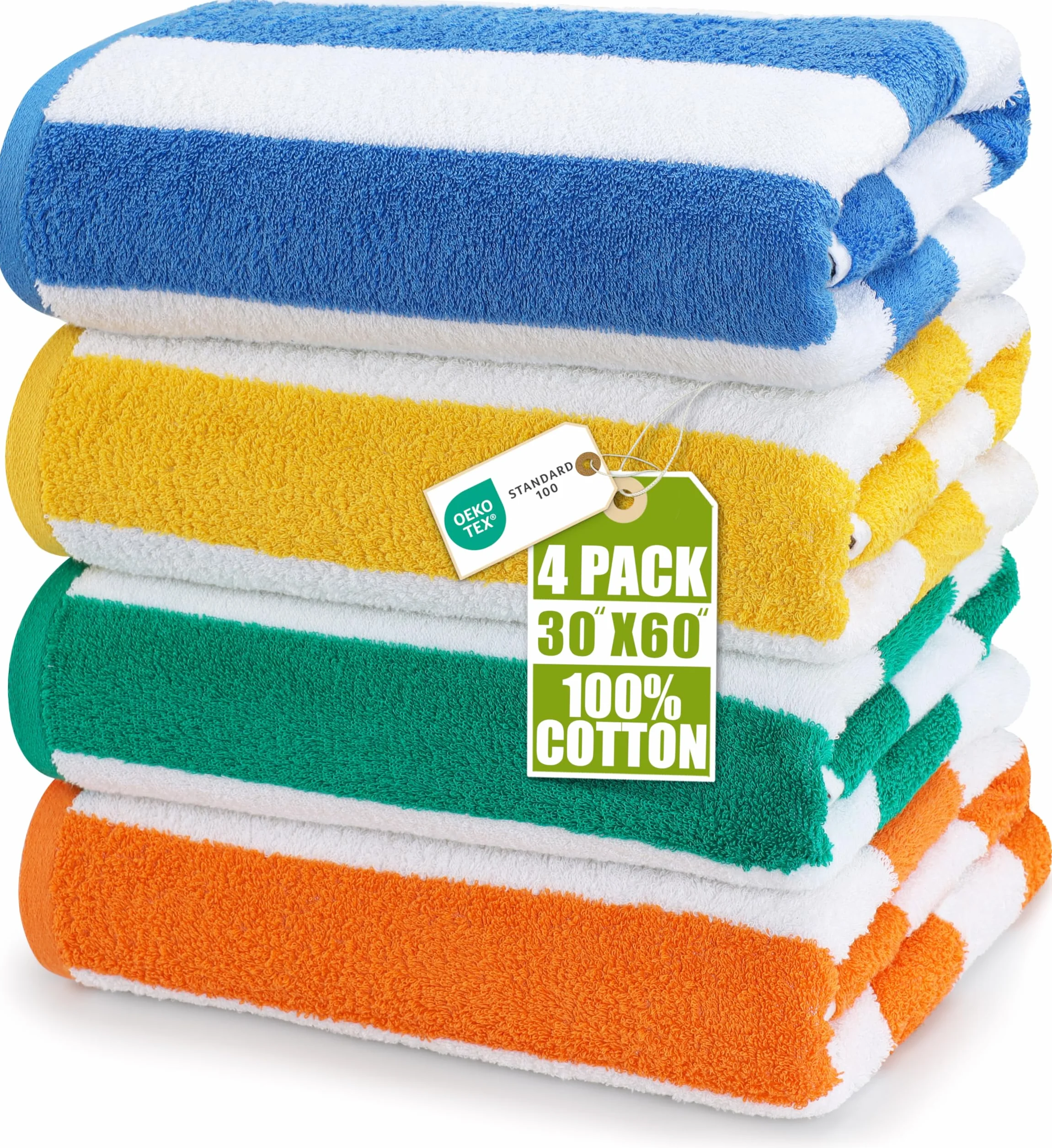 Utopia Towels Cabana Striped Ręczniki plażowe(76 x 152 cm) 100% bawełna ring-spun, duże ręczniki basenowe, miękkie i szybkoschnące (pakiet 4 sztuk) (niebieskie, żółte, zielone i pomarańczowe)