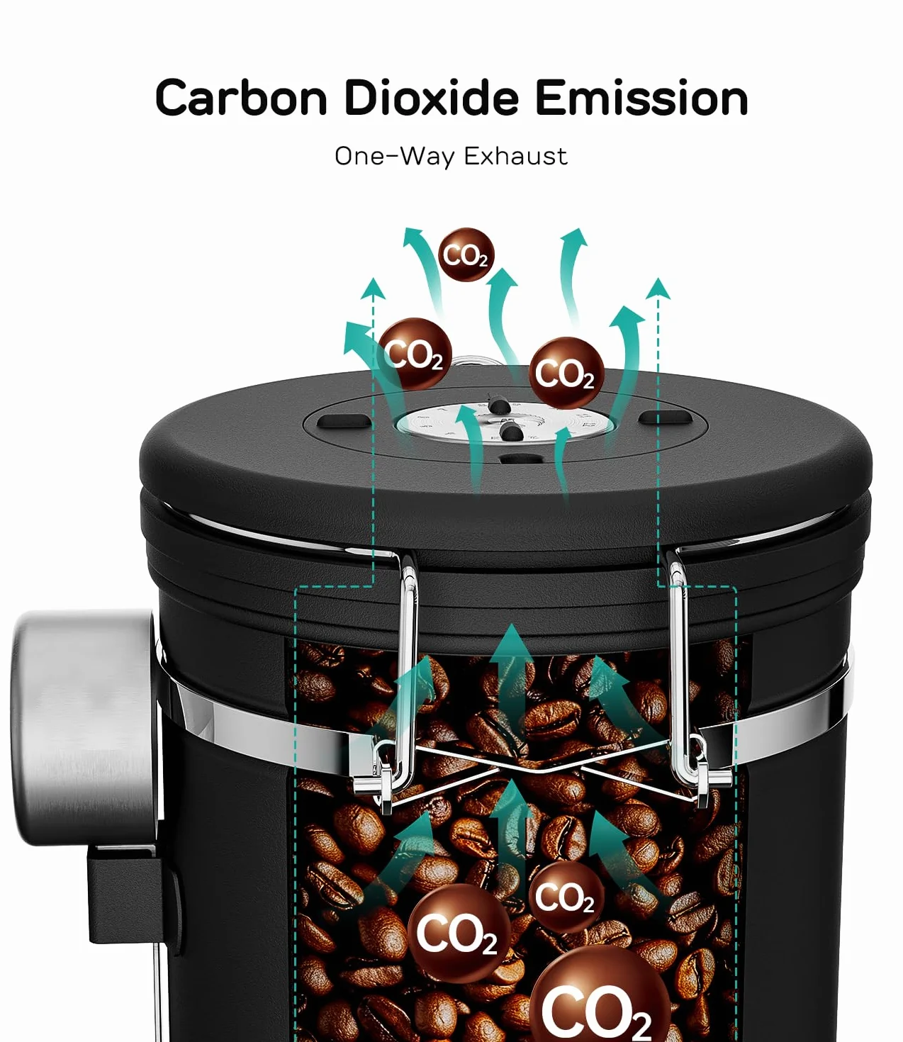 Coffee Gator Stainless Steel Coffee Grounds and Beans Container Canister with Date-Tracker, CO2-Release Valve and Measuring Scoop, Medium, Black