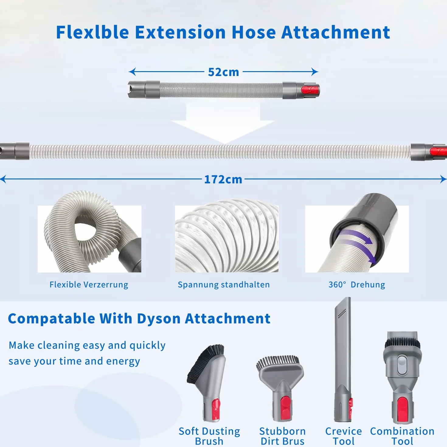 4-częściowy zestaw akcesoriów Dyson Flexible: przedłużona dysza szczelinowa + 2 adaptery + przedłużenie węża, pasujący do odkurzaczy Dyson V7, V8, V10, V11, V15